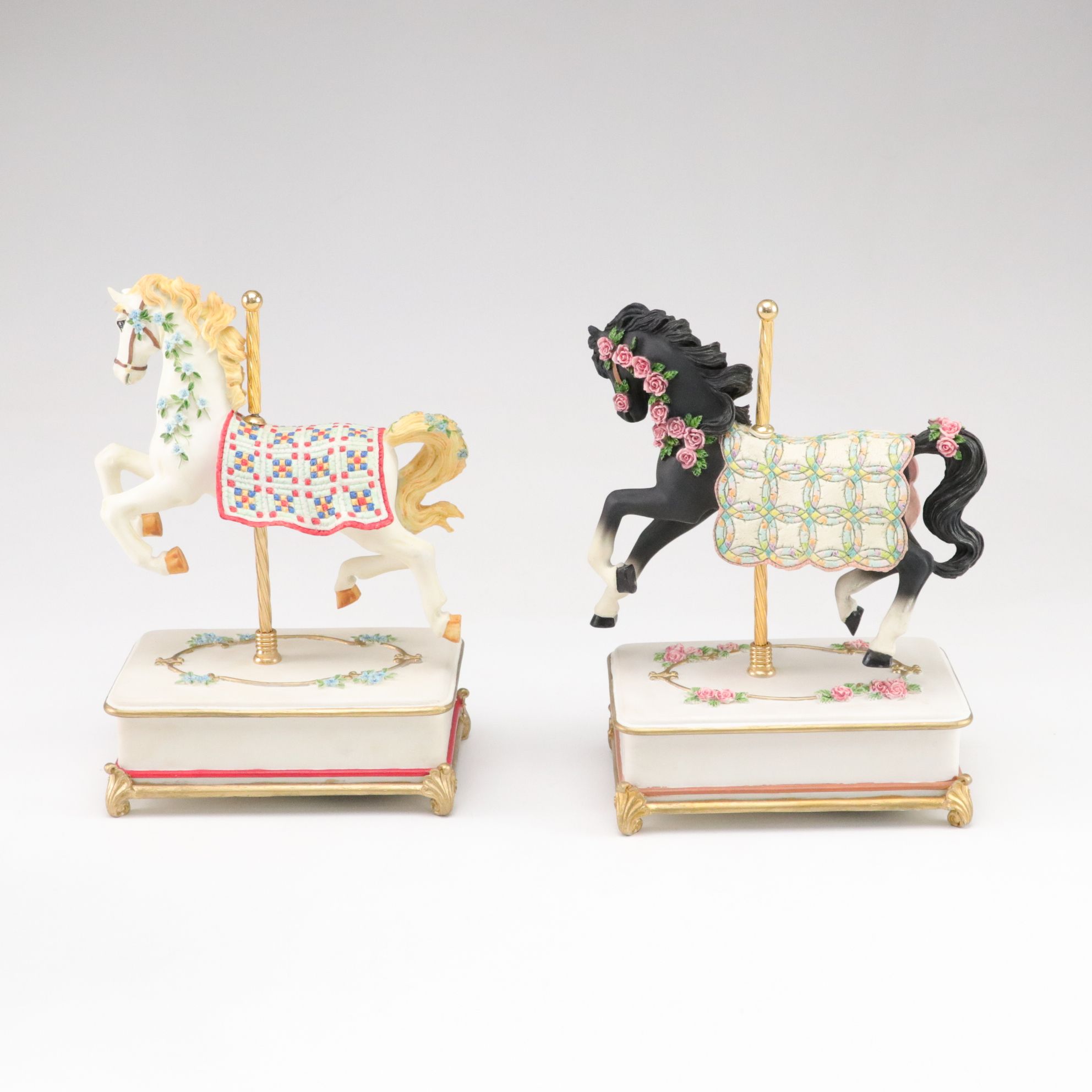 Quilted Ponies "Double Wedding Ring" and "Vine Patch" with Other Carousel Horses