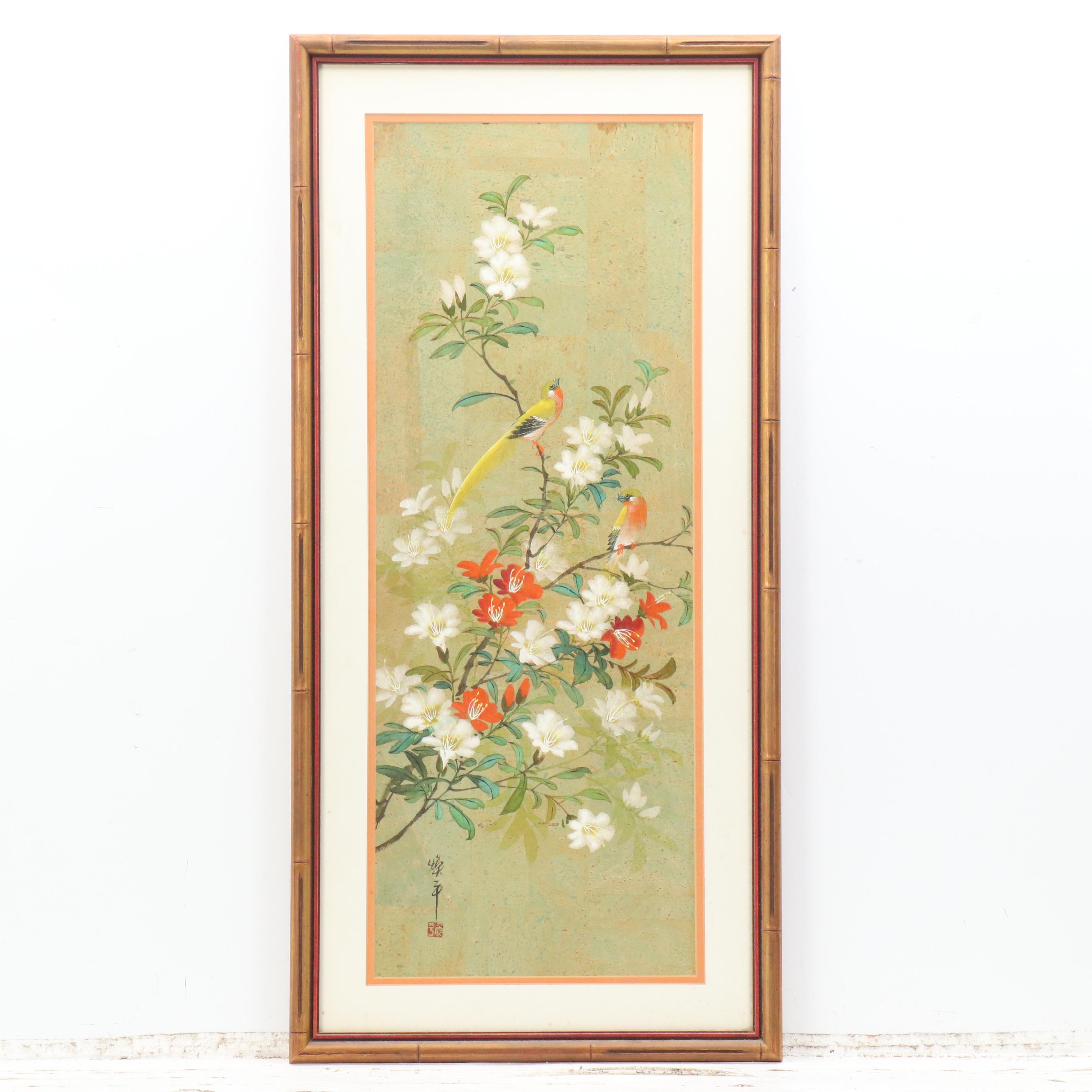Pair of Chinese Style Watercolor on Cork Bird and Flower Paintings