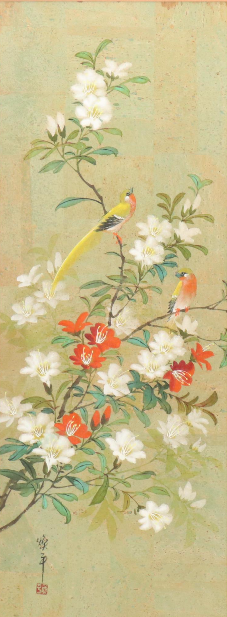 Pair of Chinese Style Watercolor on Cork Bird and Flower Paintings