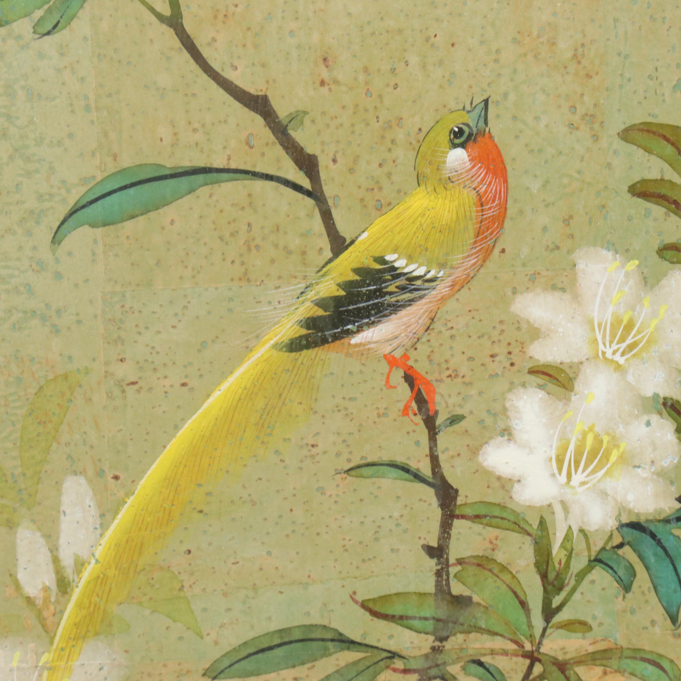 Pair of Chinese Style Watercolor on Cork Bird and Flower Paintings