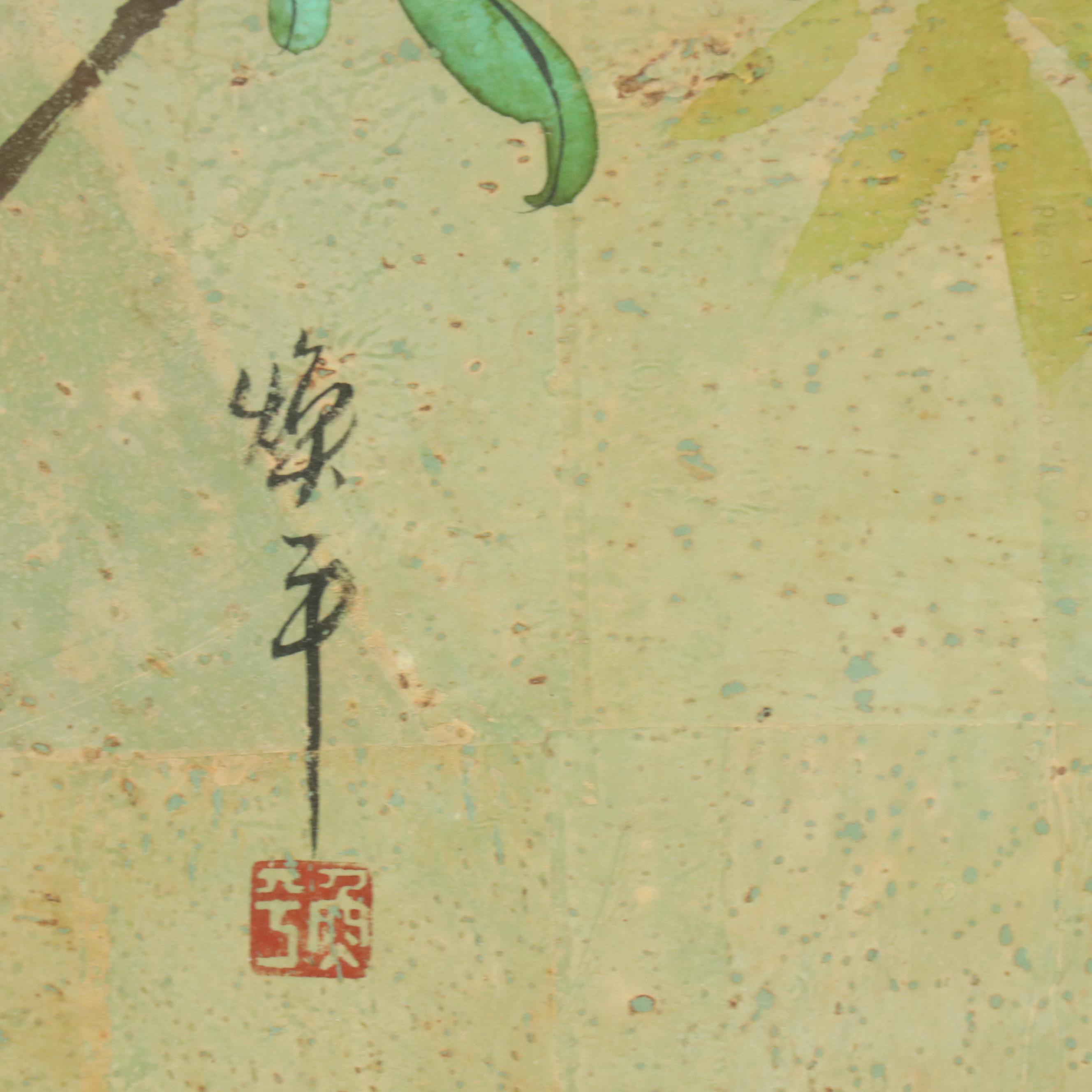 Pair of Chinese Style Watercolor on Cork Bird and Flower Paintings