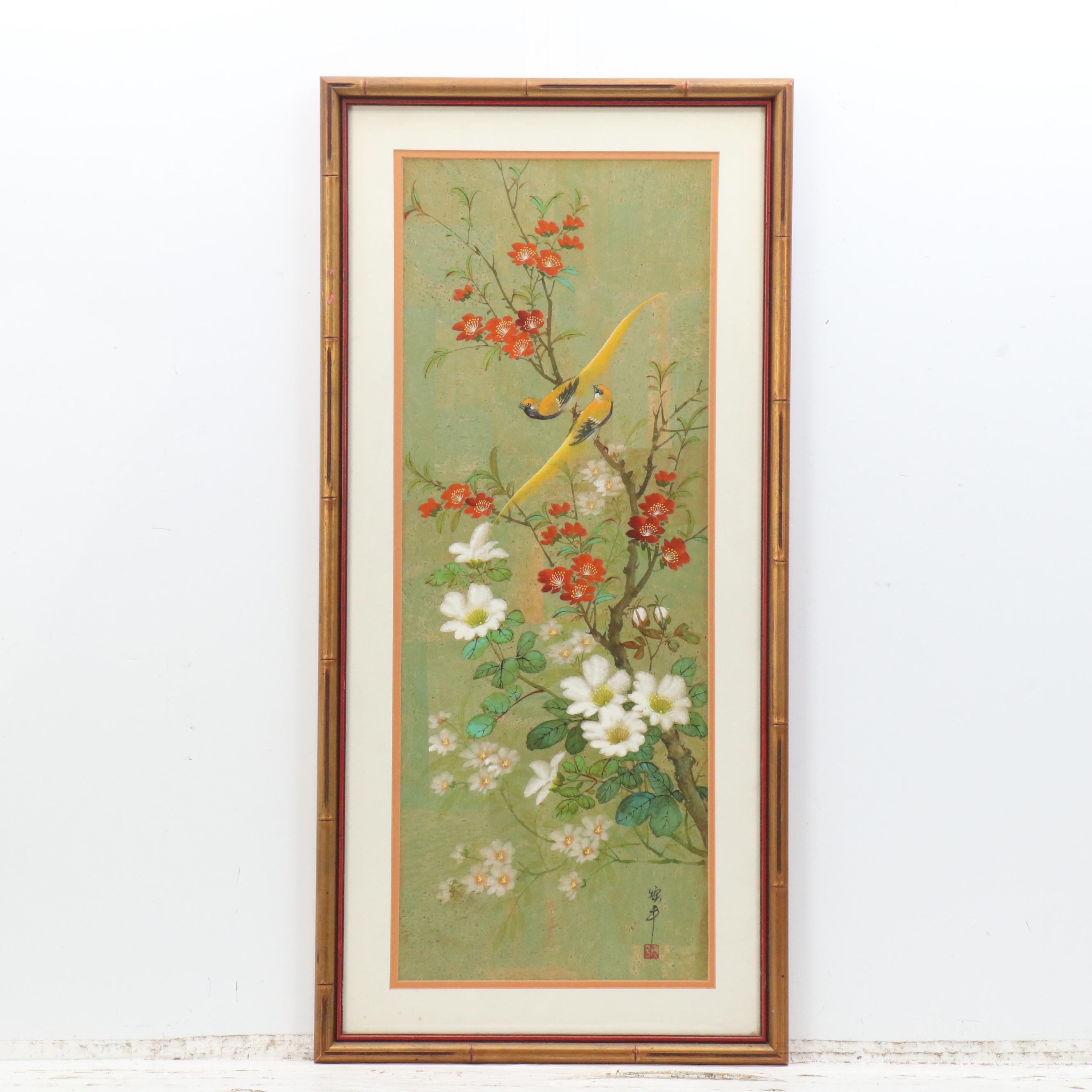 Pair of Chinese Style Watercolor on Cork Bird and Flower Paintings