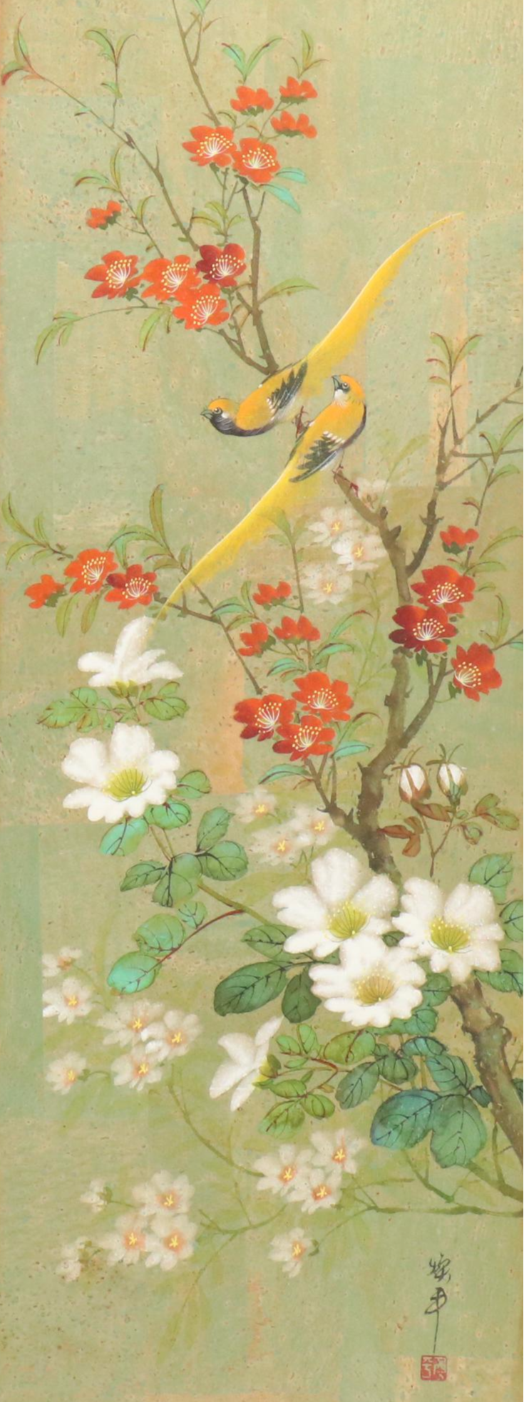 Pair of Chinese Style Watercolor on Cork Bird and Flower Paintings