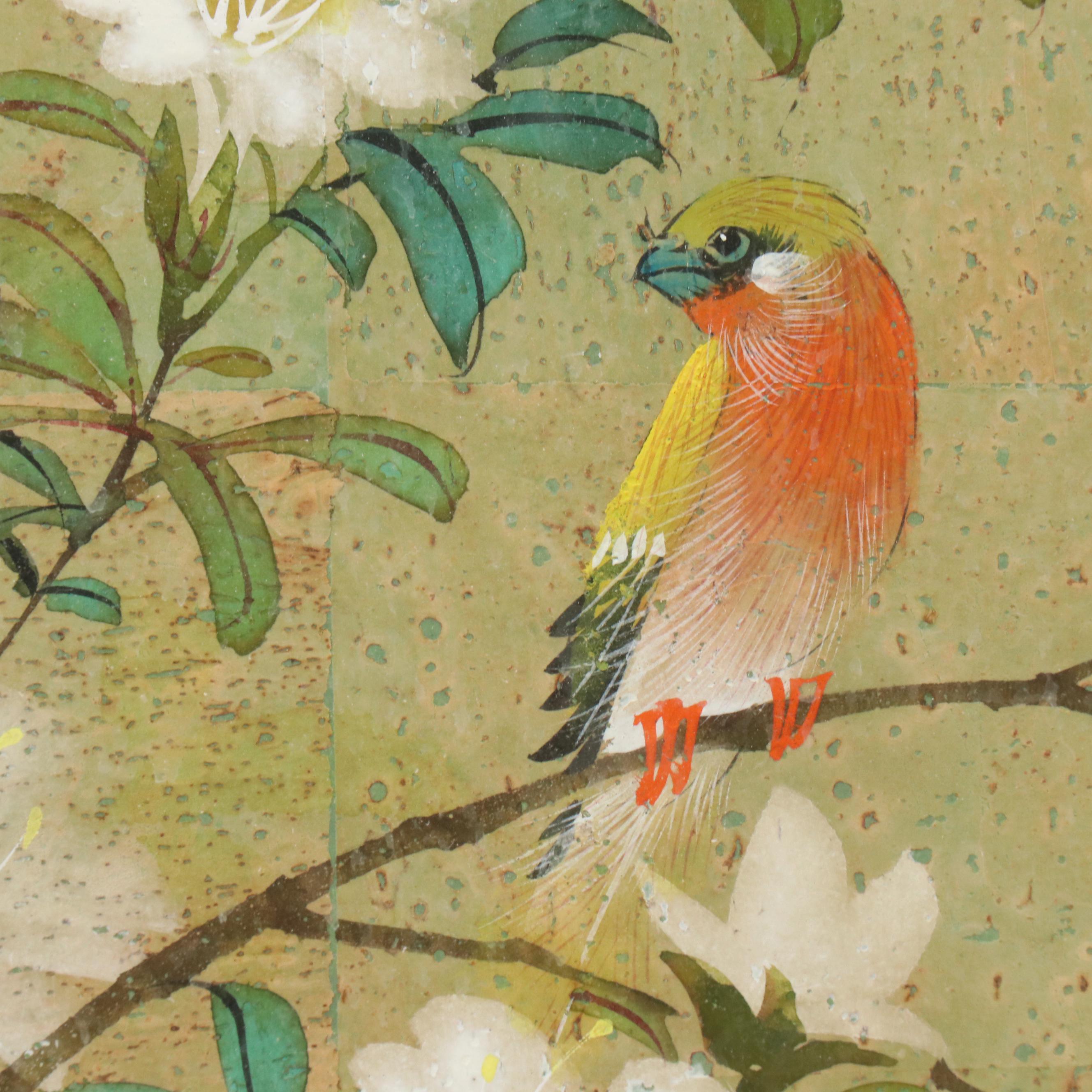 Pair of Chinese Style Watercolor on Cork Bird and Flower Paintings