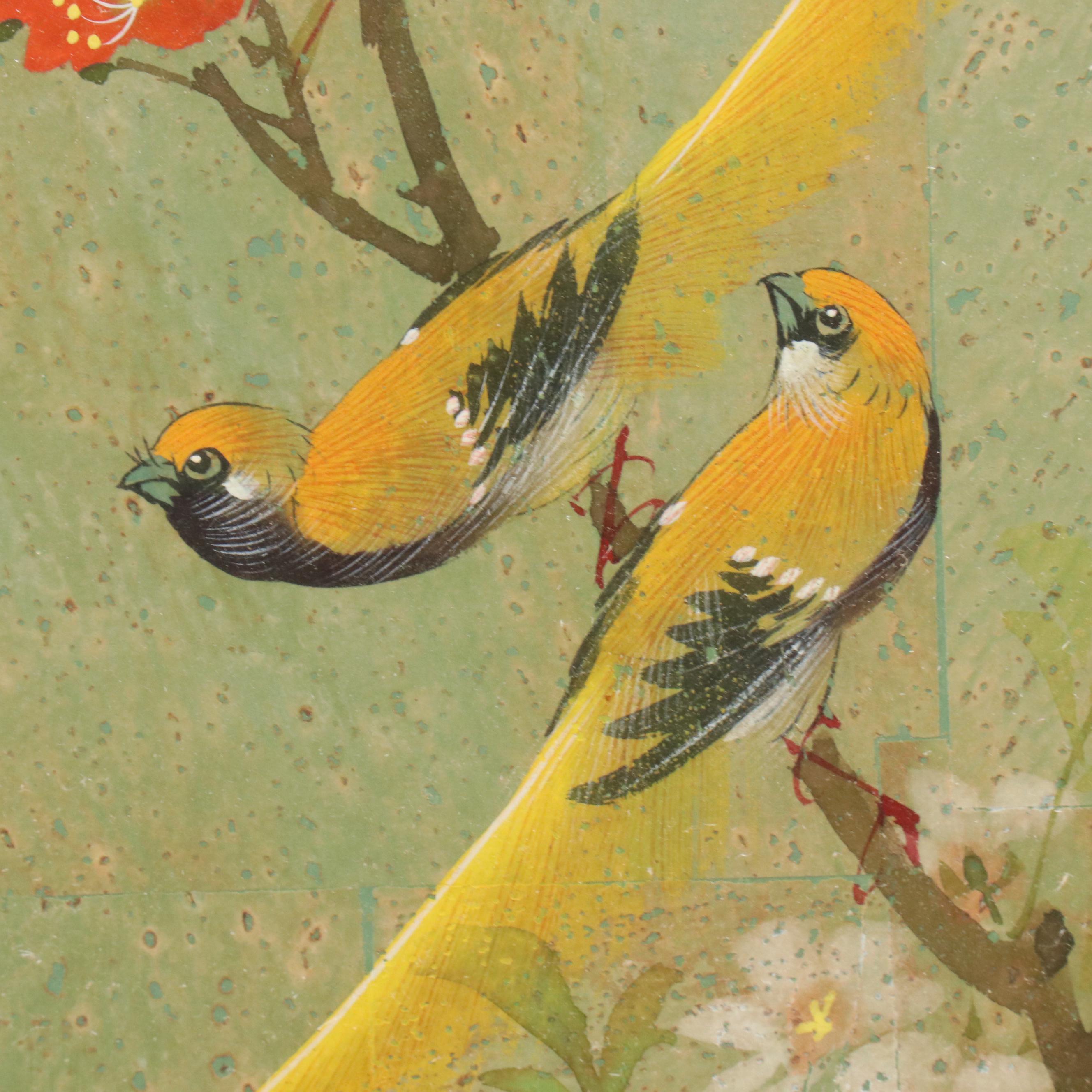 Pair of Chinese Style Watercolor on Cork Bird and Flower Paintings