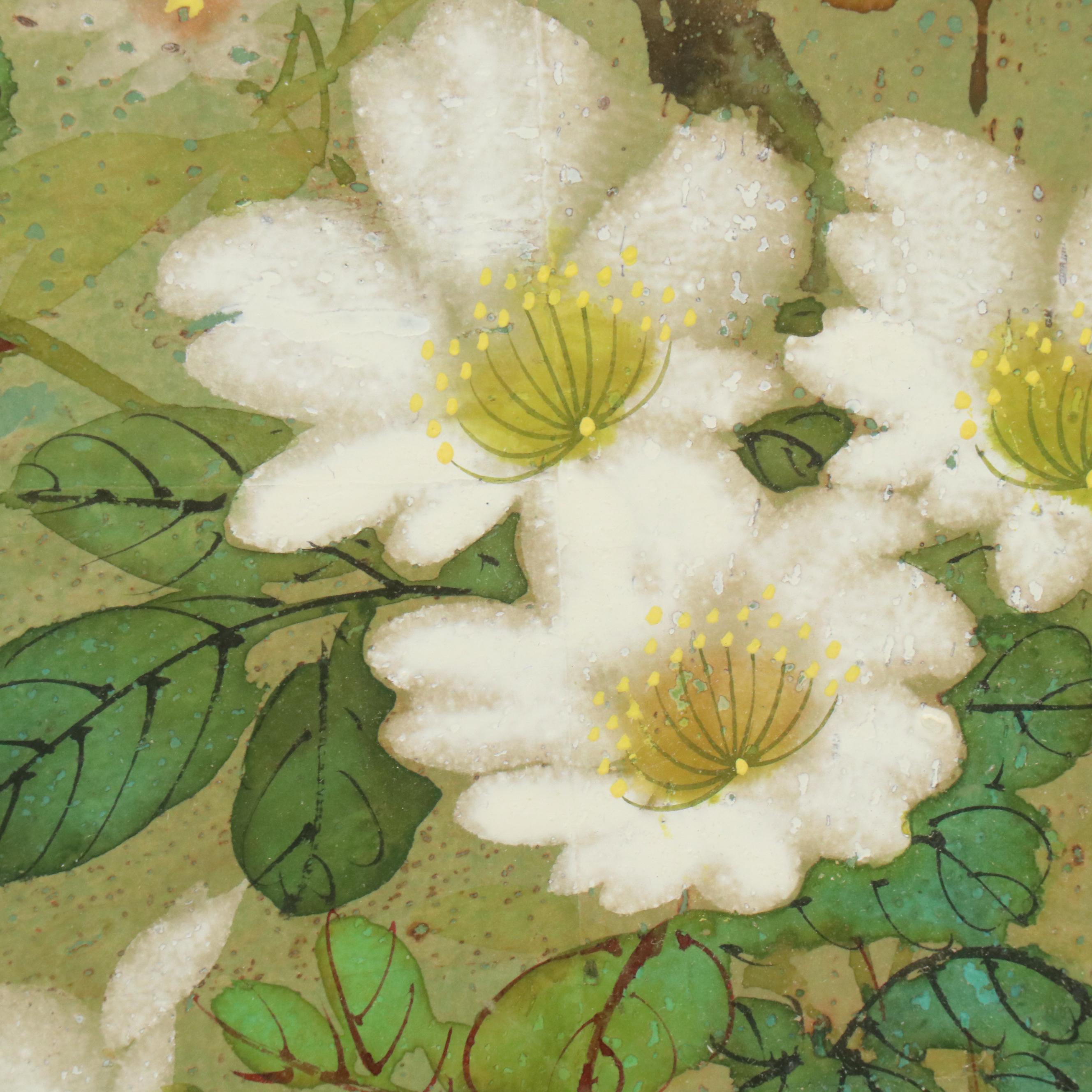 Pair of Chinese Style Watercolor on Cork Bird and Flower Paintings