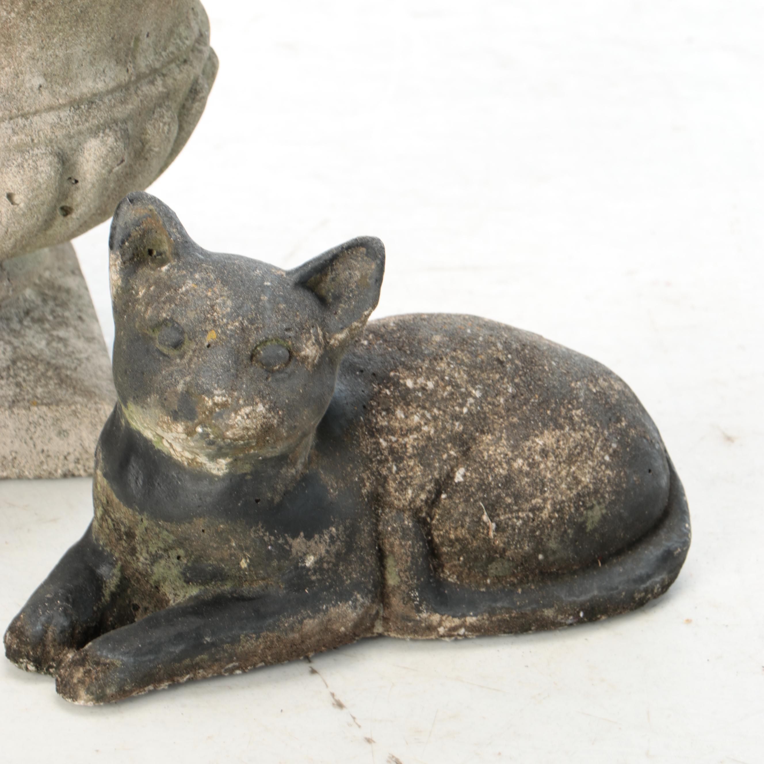 Cast Concrete Urn Planter and Painted Cat