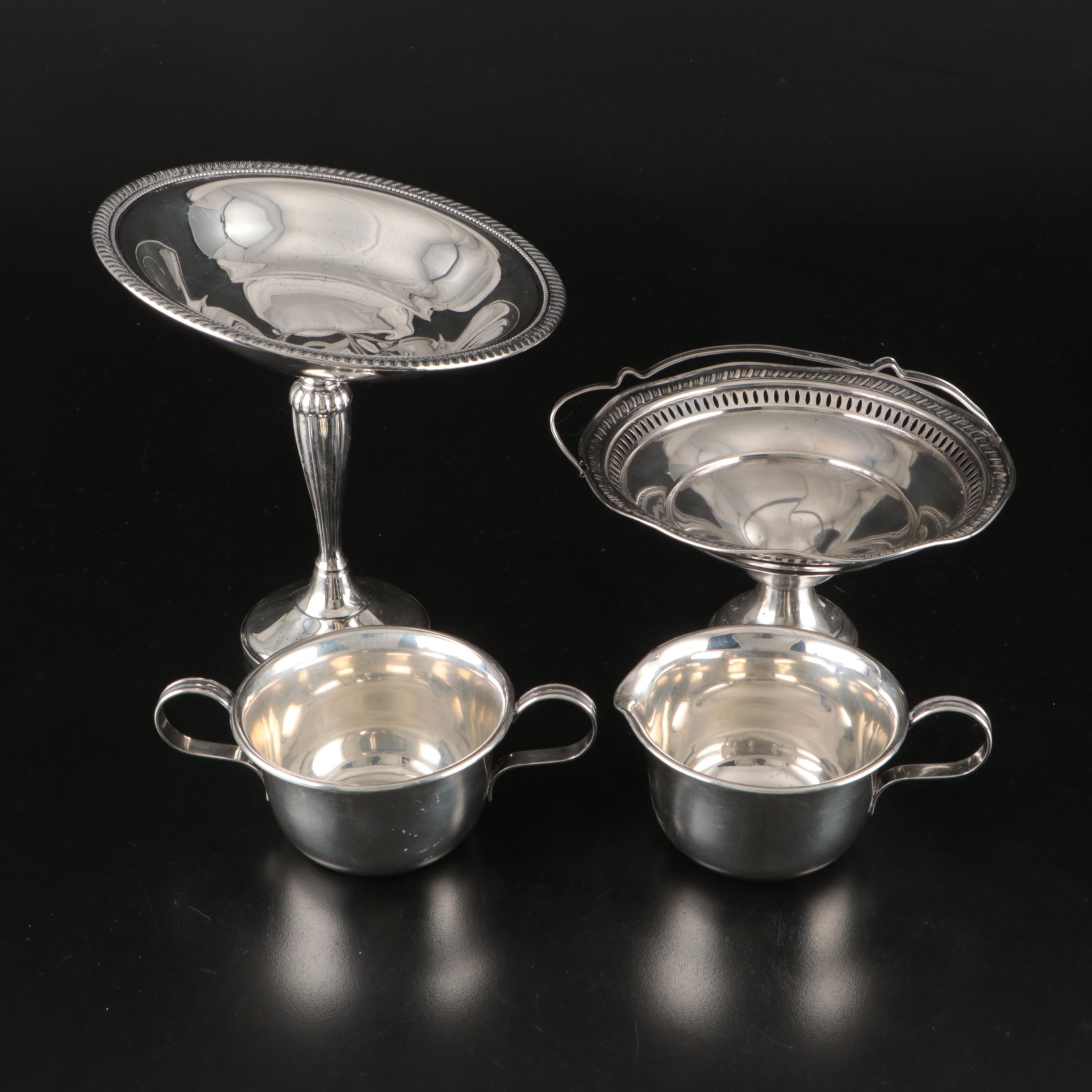 Lenox Sterling Creamer and Sugar Bowl, JH Sterling Compote, and Sterling Basket