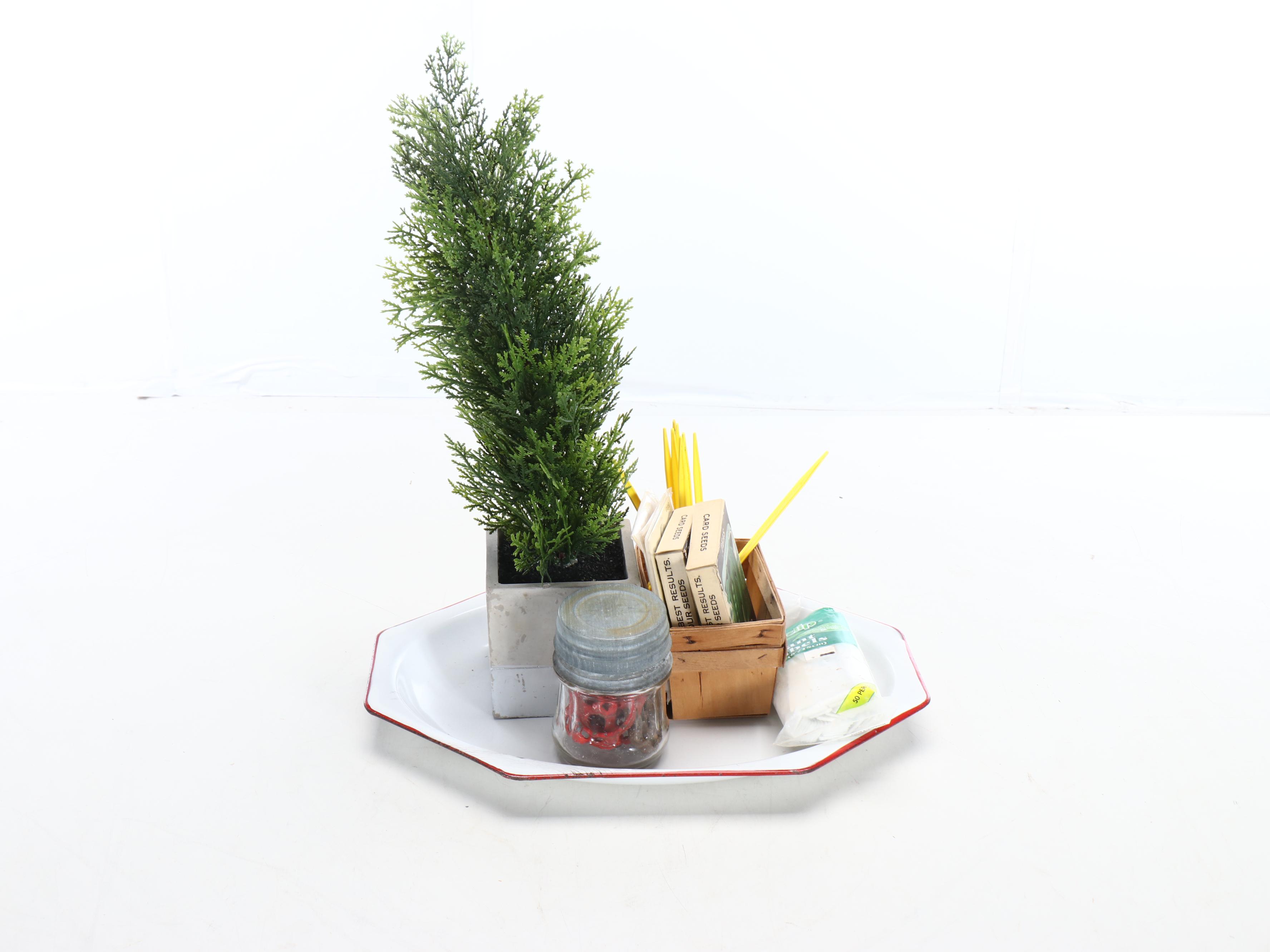 Garden Decor with Ladderback Chair, Window Frame, Garden Tools, and More