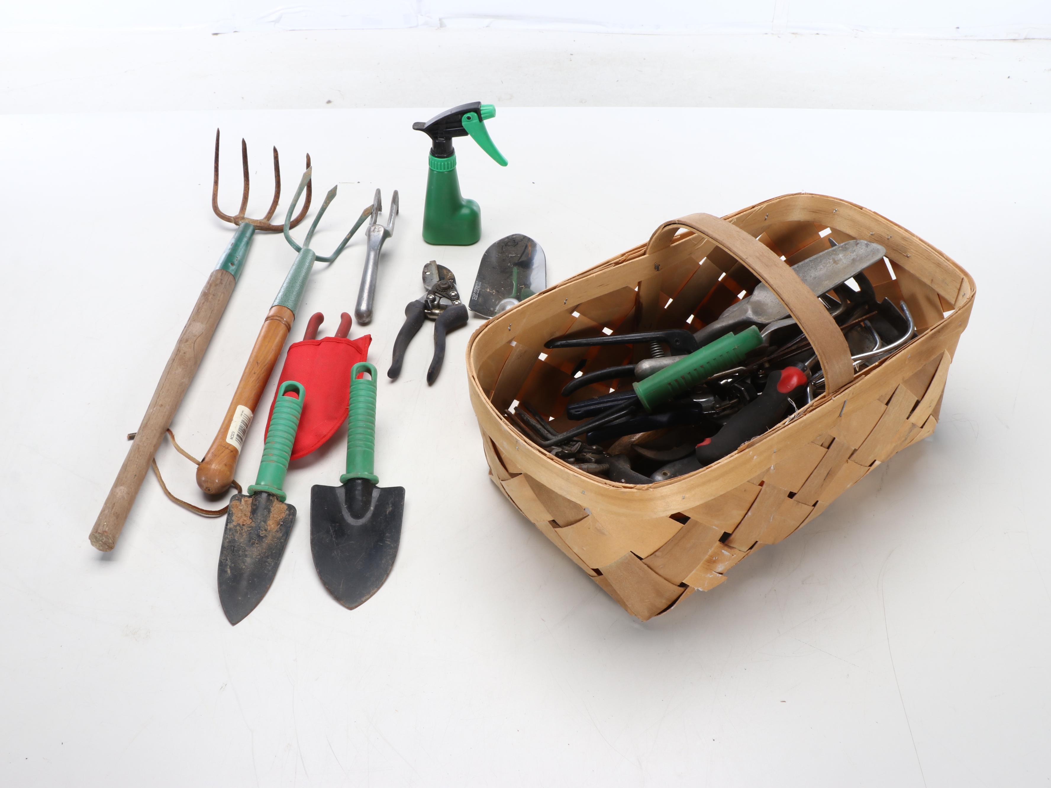 Garden Decor with Ladderback Chair, Window Frame, Garden Tools, and More