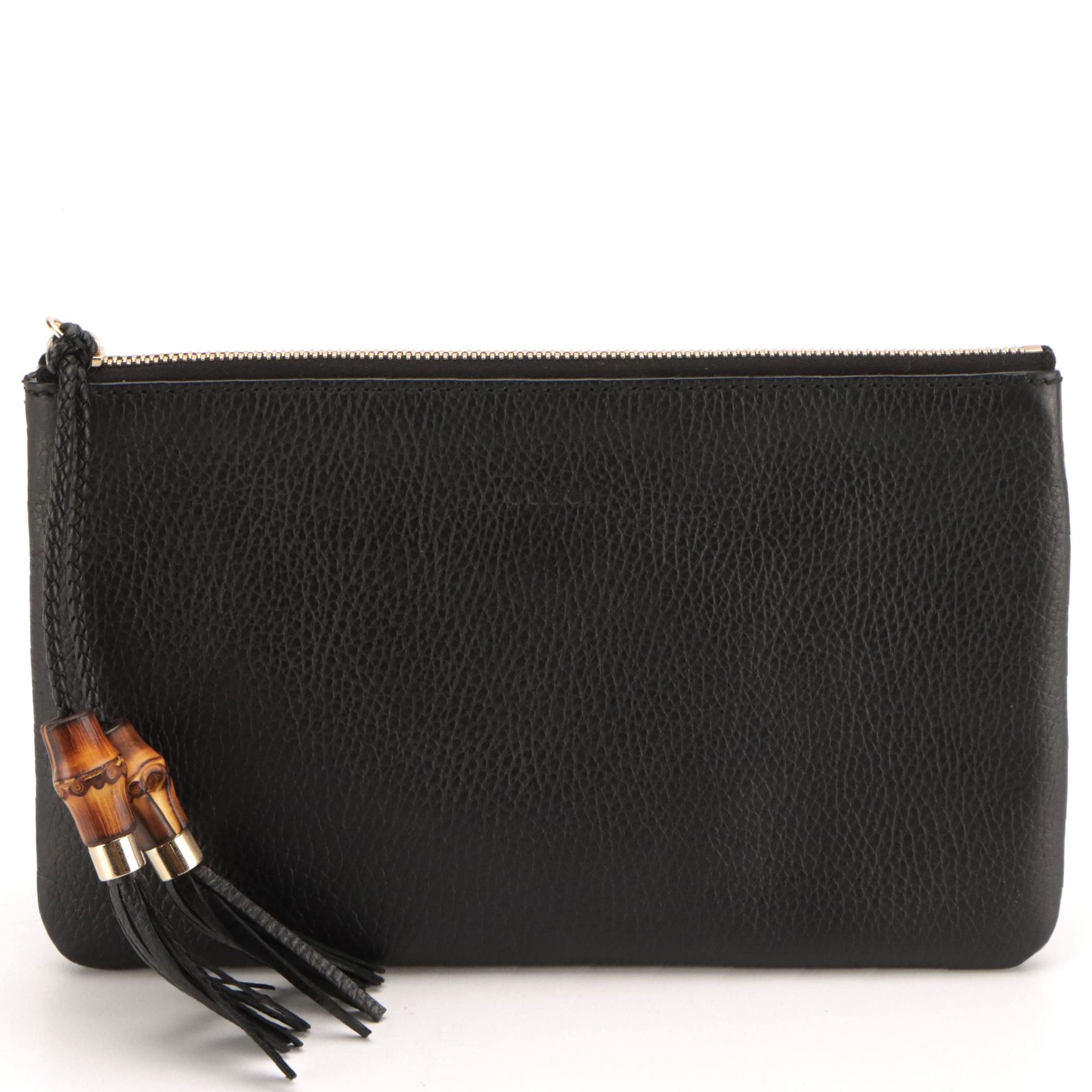 Gucci Bamboo Tassel Closure Zip Clutch/Pouch in Black Calfskin Leather
