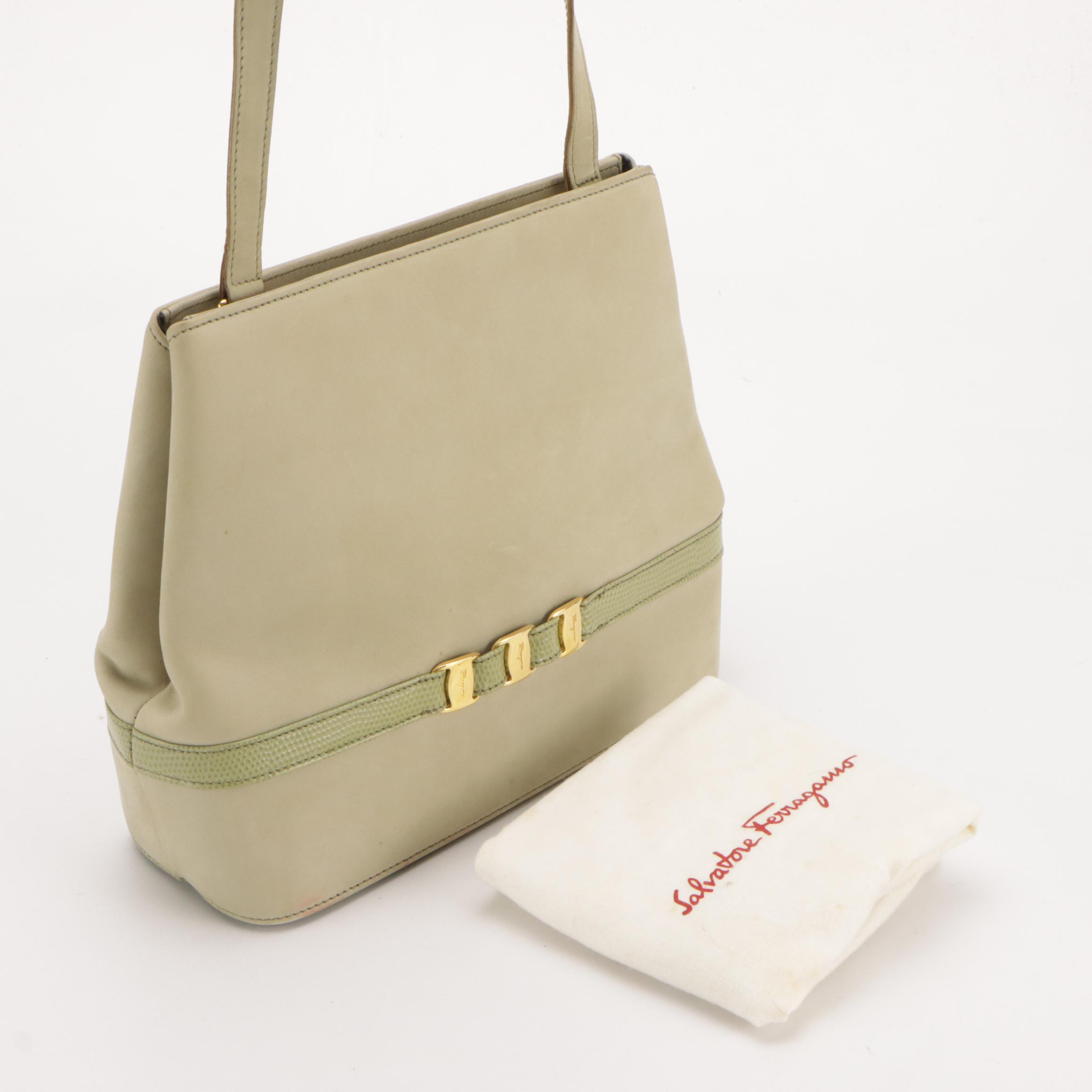 Salvatore Ferragamo Suede and Lizard Embossed Leather Vara Shoulder Bag with Box
