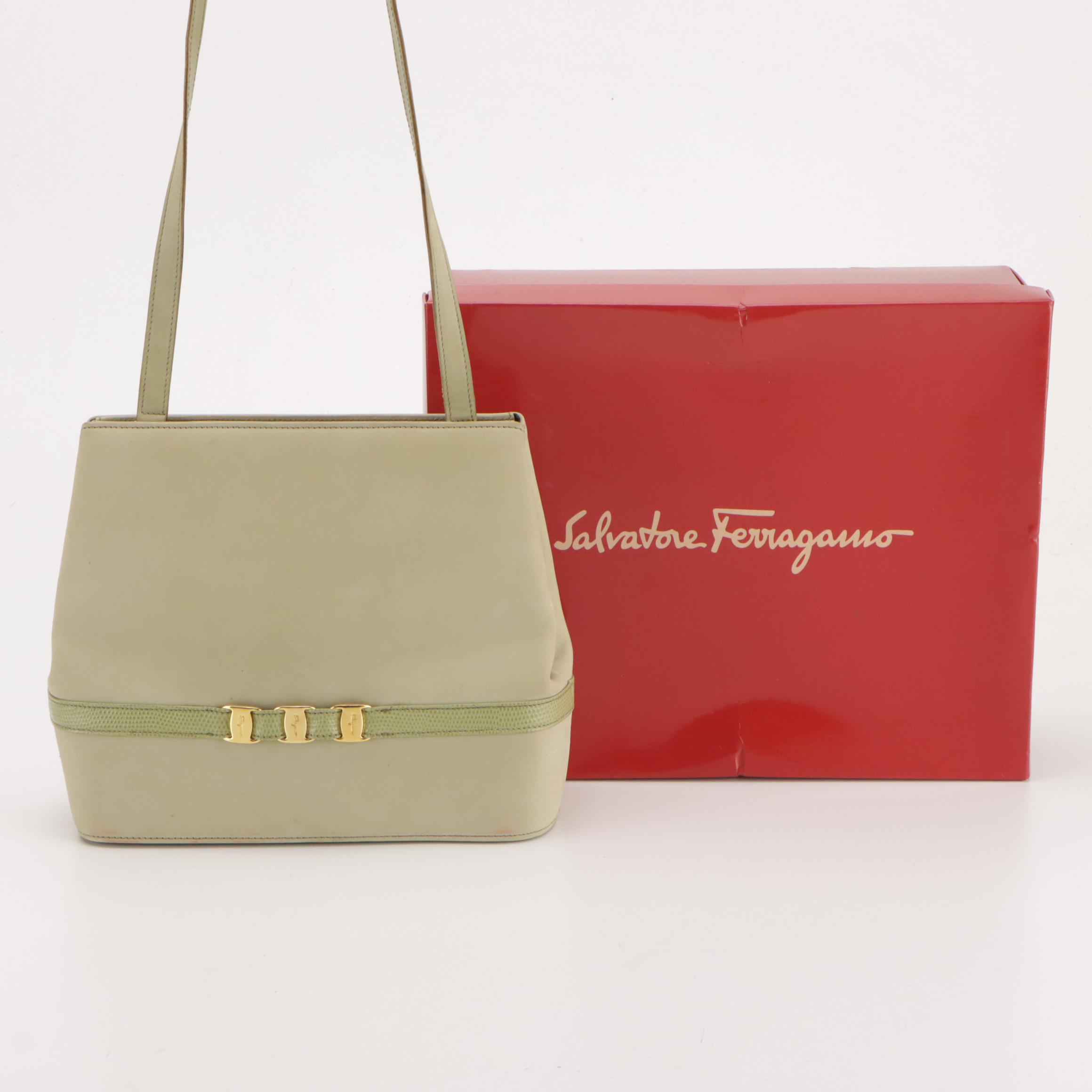 Salvatore Ferragamo Suede and Lizard Embossed Leather Vara Shoulder Bag with Box