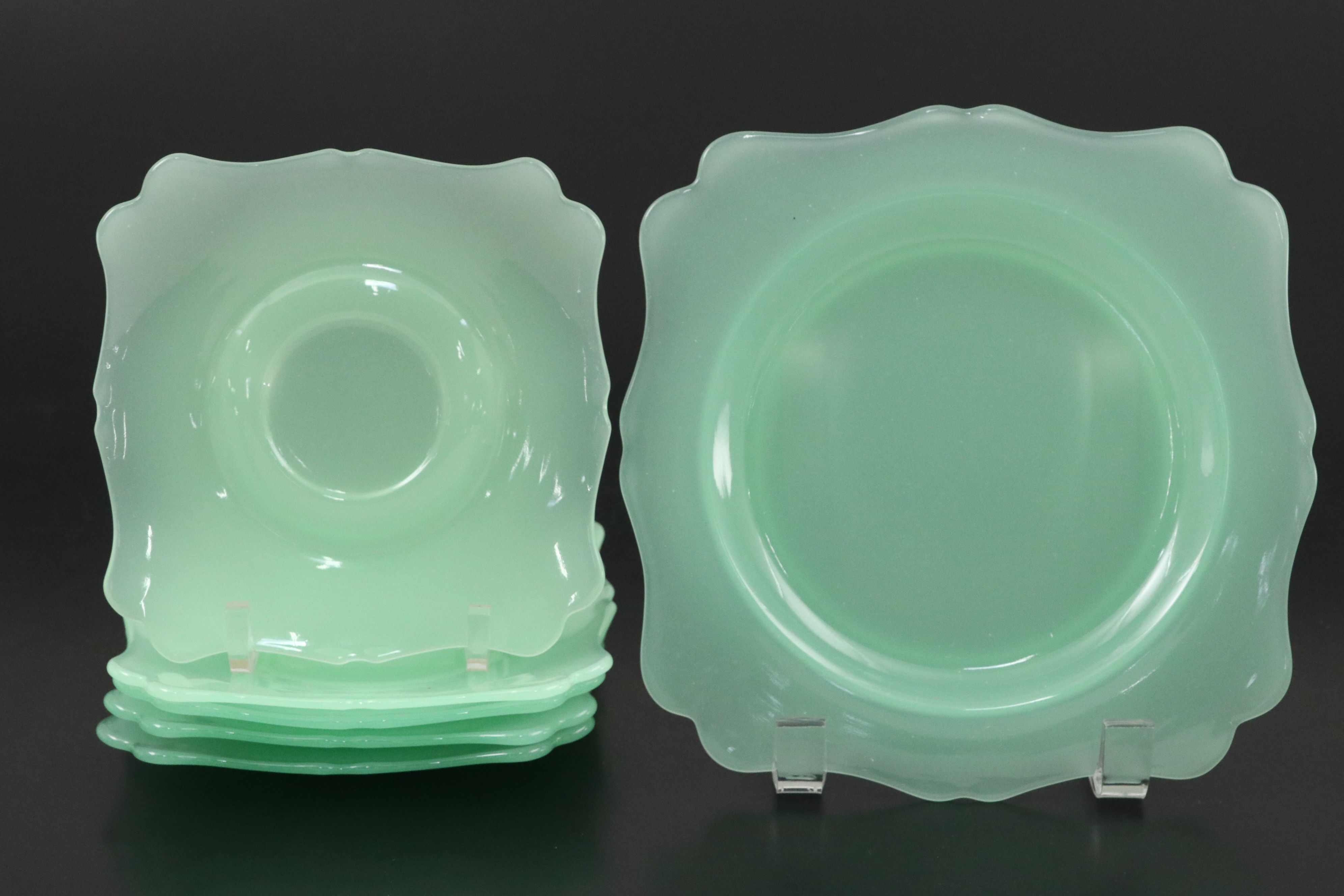 Uranium Glass Dessert Plate with Teacups and Saucers