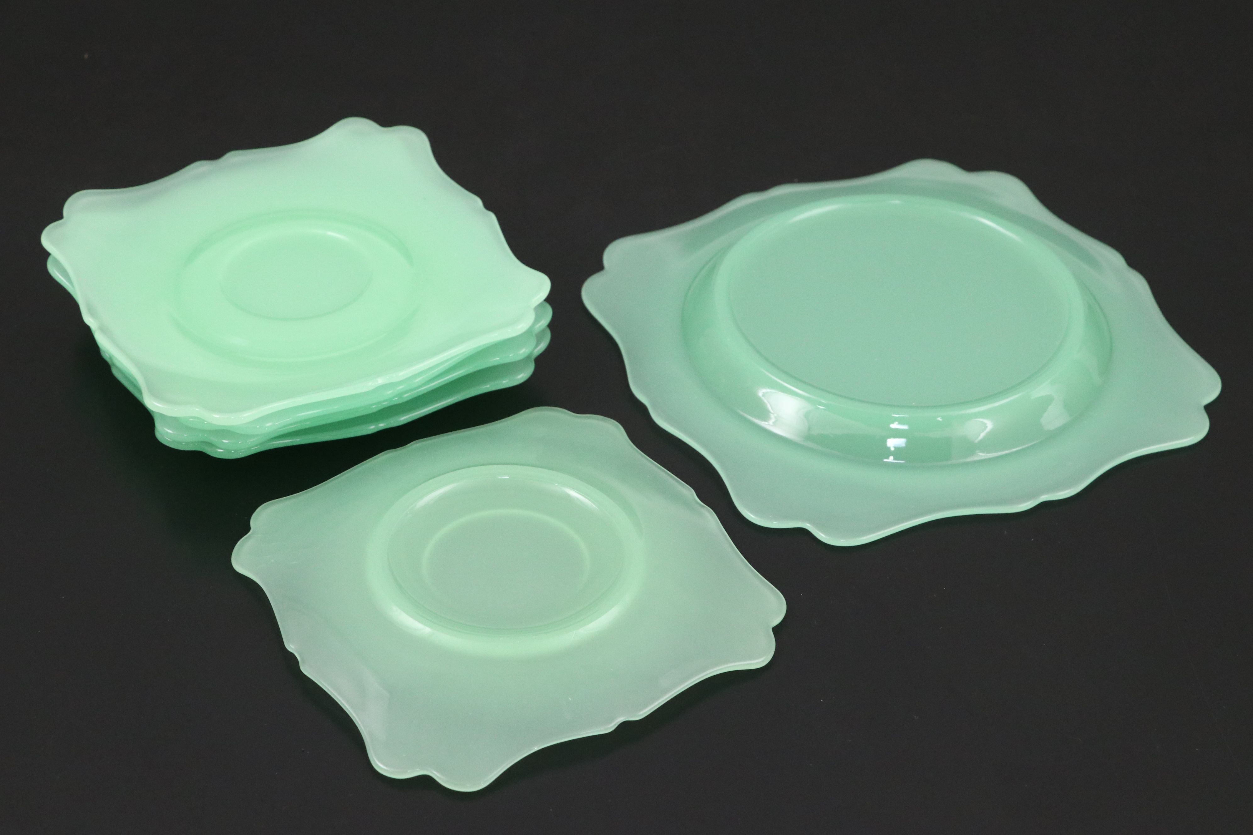 Uranium Glass Dessert Plate with Teacups and Saucers