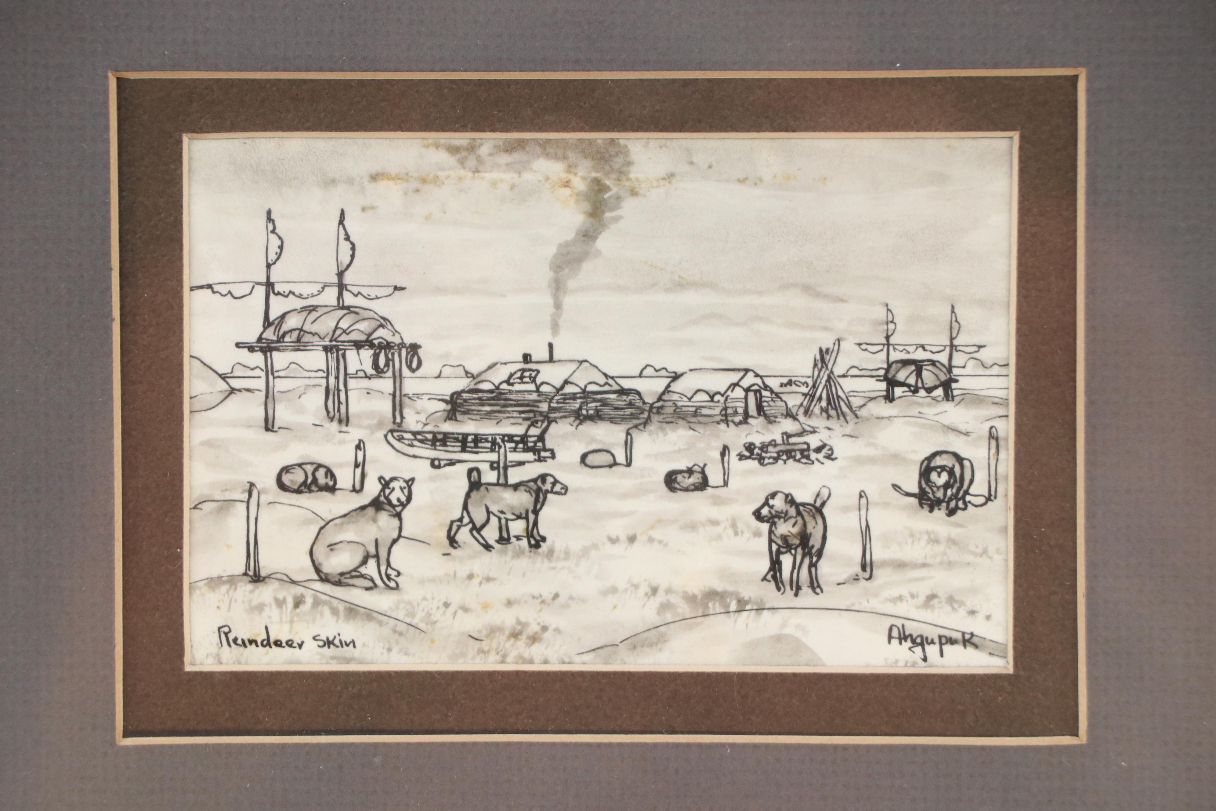 George Ahgupuk Ink Drawing on Reindeer Skin of Village Scene with Dogs, 20th C.