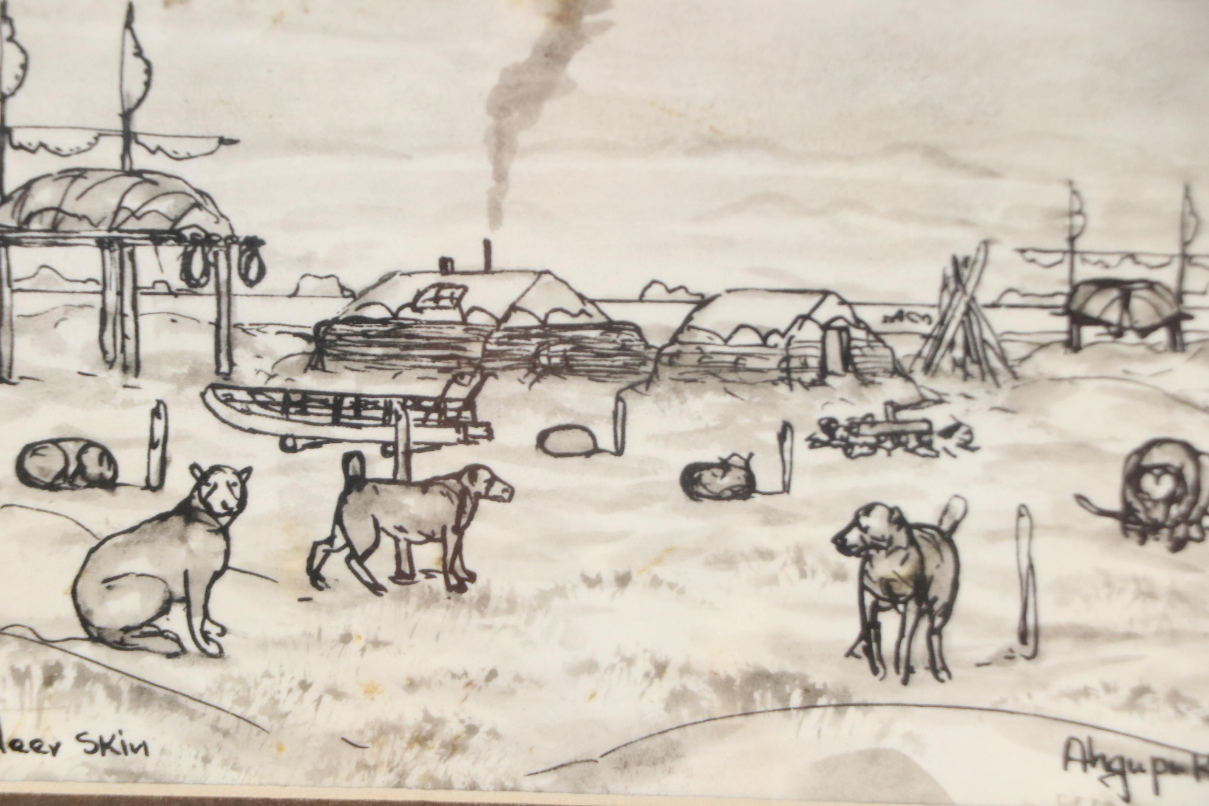 George Ahgupuk Ink Drawing on Reindeer Skin of Village Scene with Dogs, 20th C.