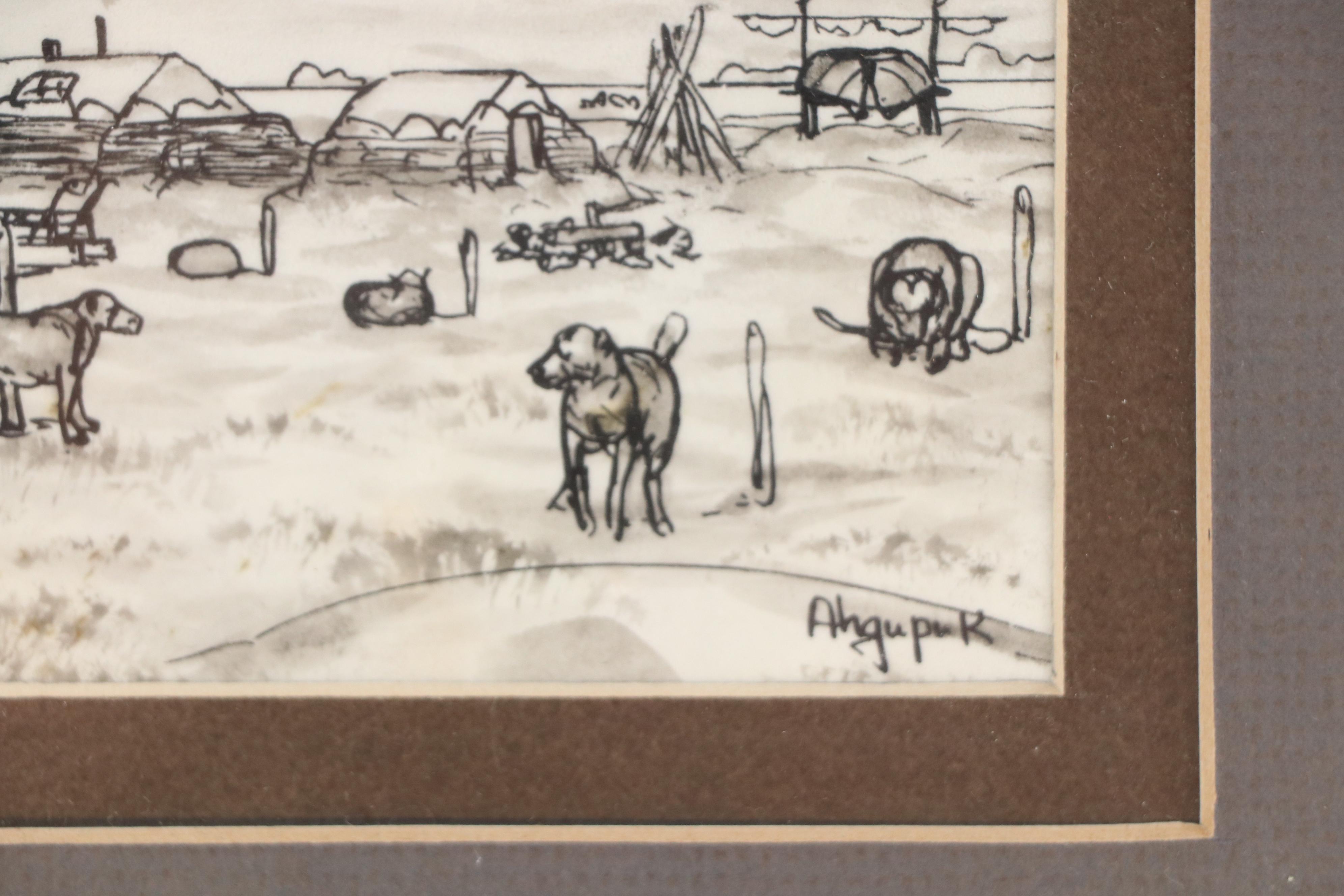 George Ahgupuk Ink Drawing on Reindeer Skin of Village Scene with Dogs, 20th C.