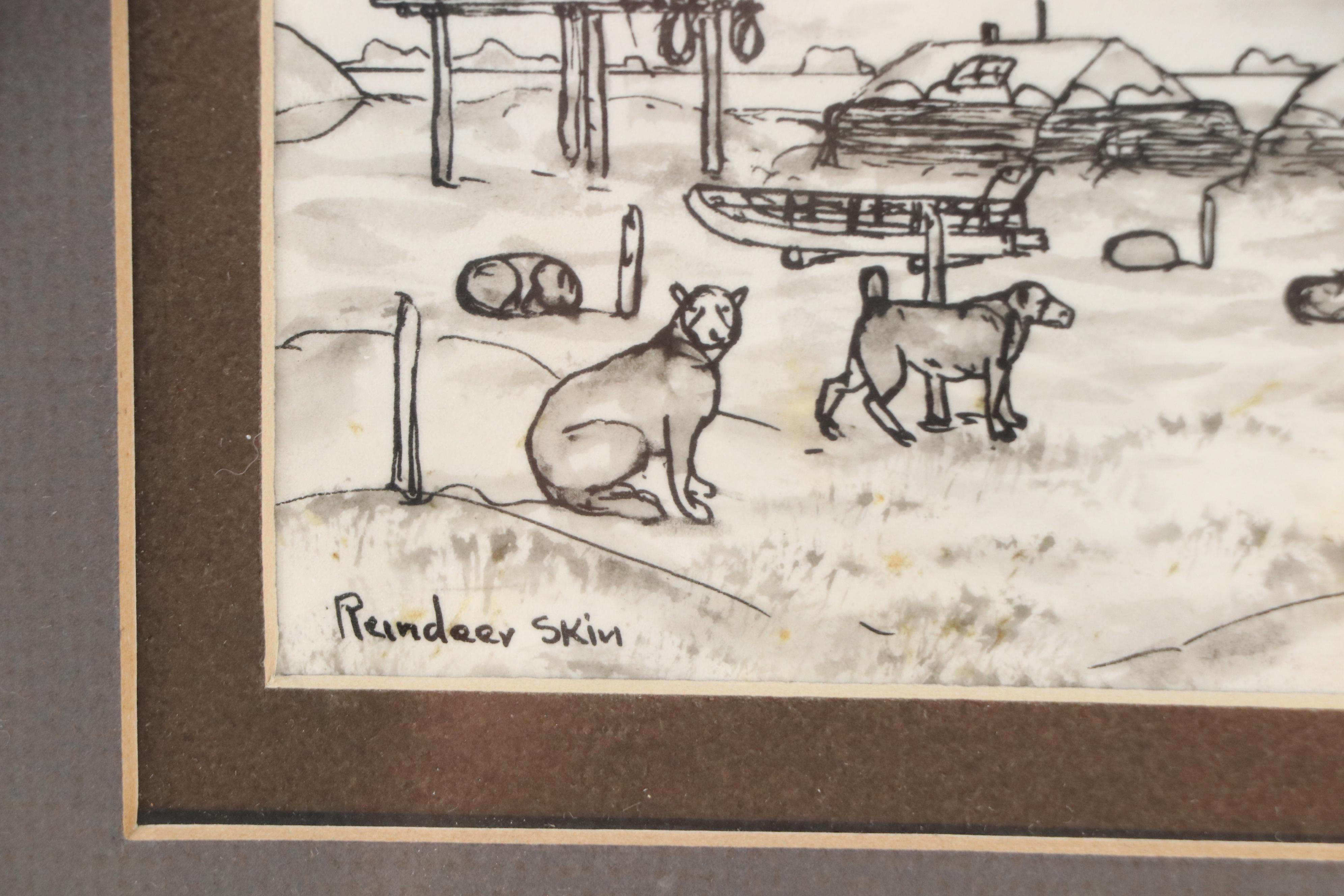 George Ahgupuk Ink Drawing on Reindeer Skin of Village Scene with Dogs, 20th C.