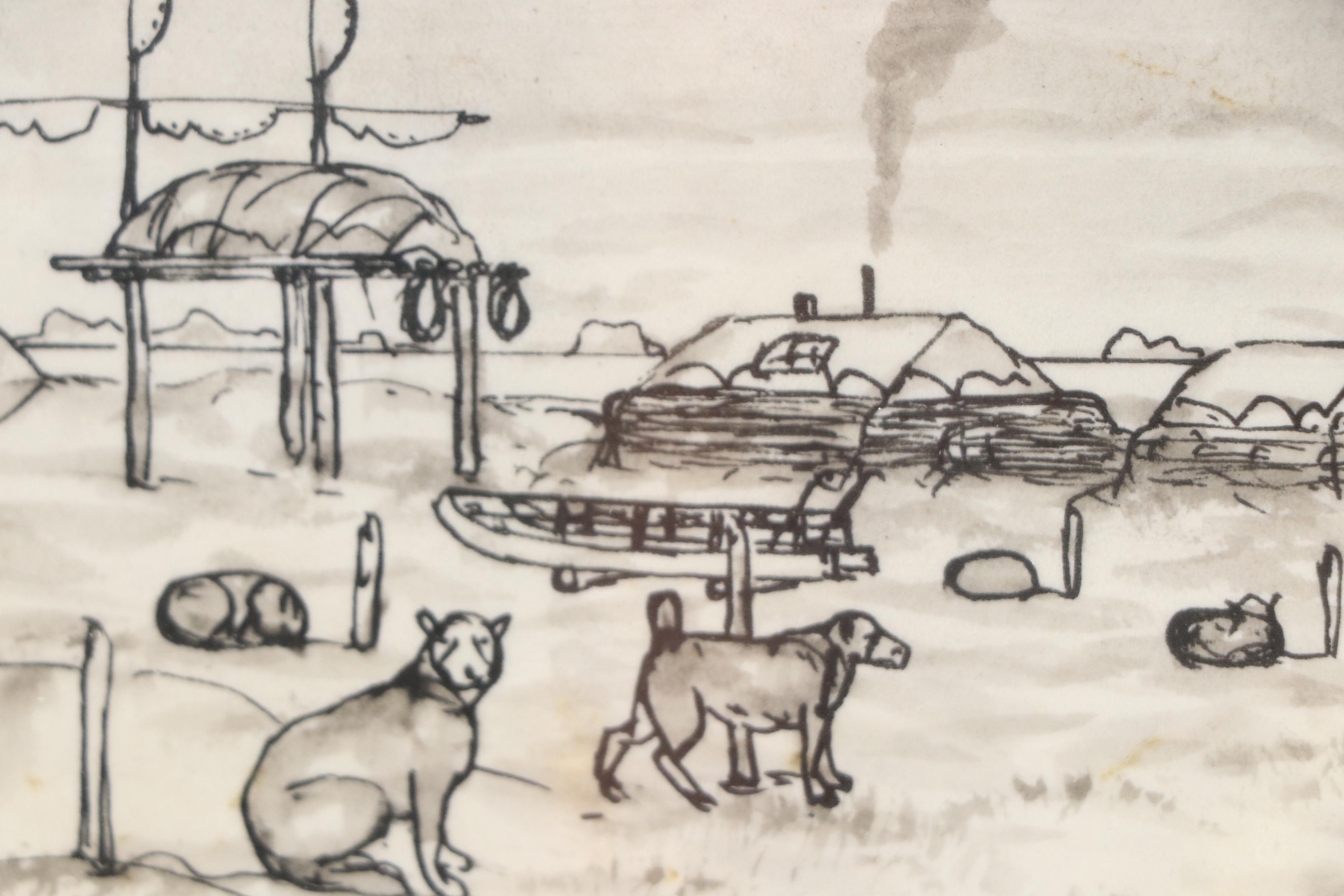 George Ahgupuk Ink Drawing on Reindeer Skin of Village Scene with Dogs, 20th C.