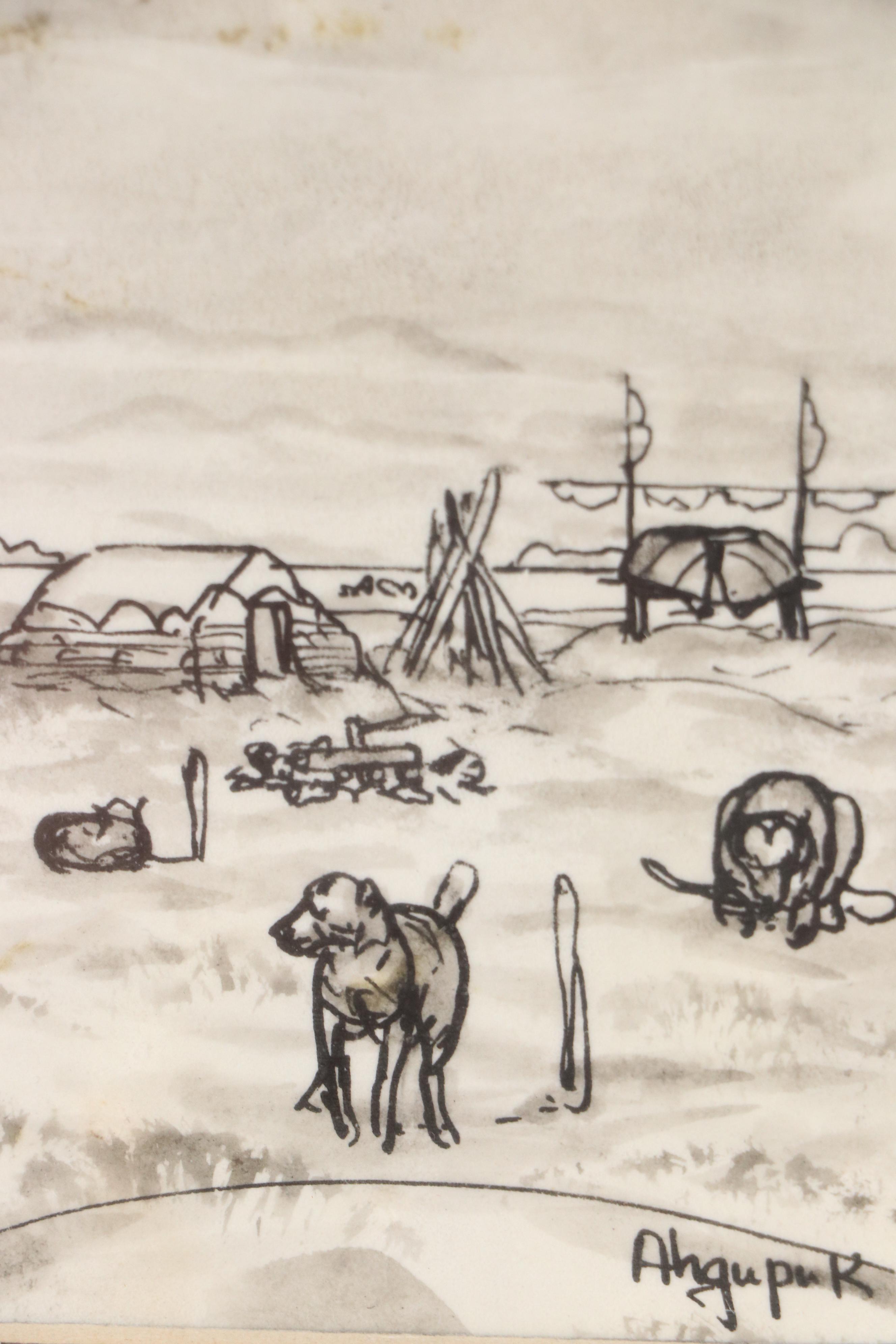 George Ahgupuk Ink Drawing on Reindeer Skin of Village Scene with Dogs, 20th C.