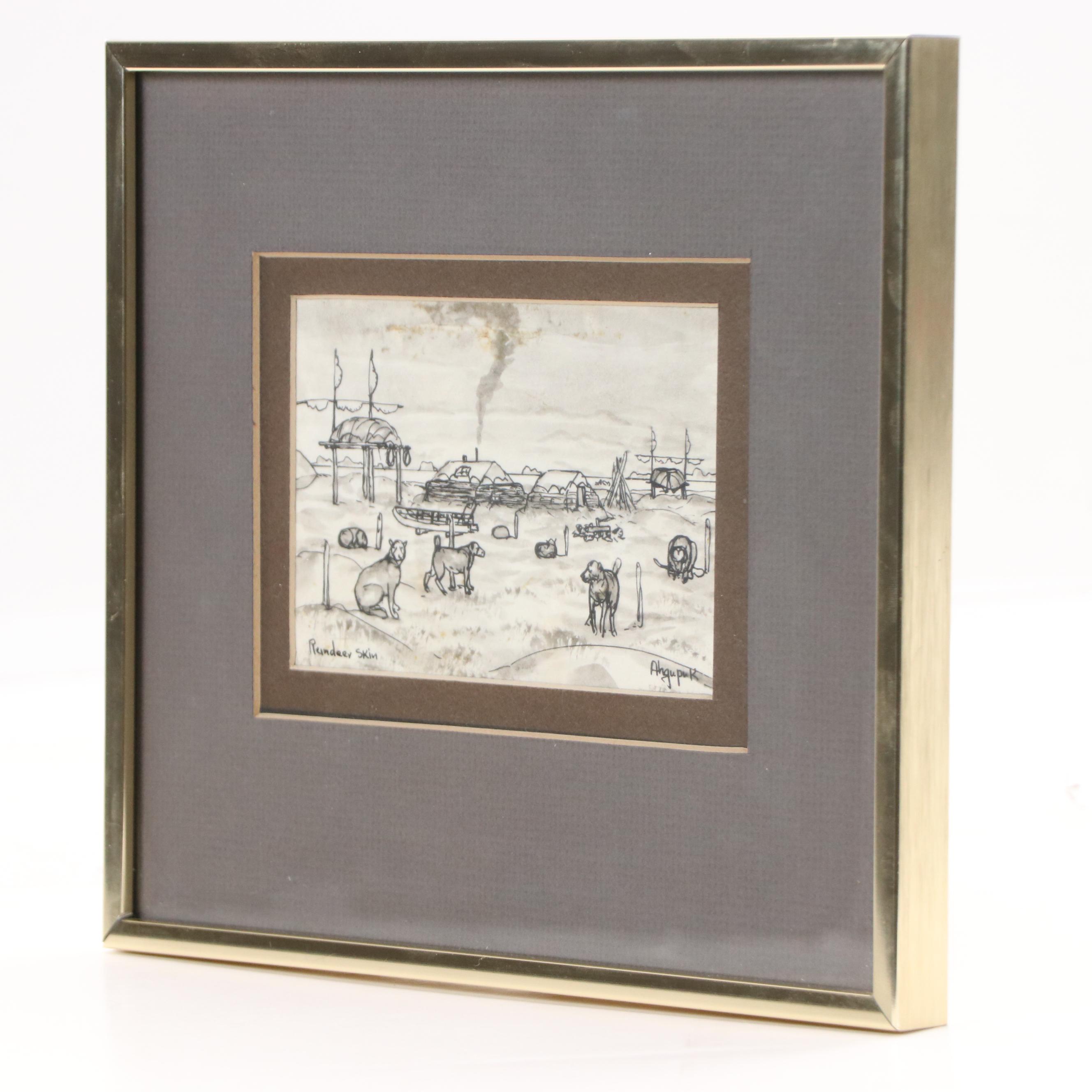 George Ahgupuk Ink Drawing on Reindeer Skin of Village Scene with Dogs, 20th C.