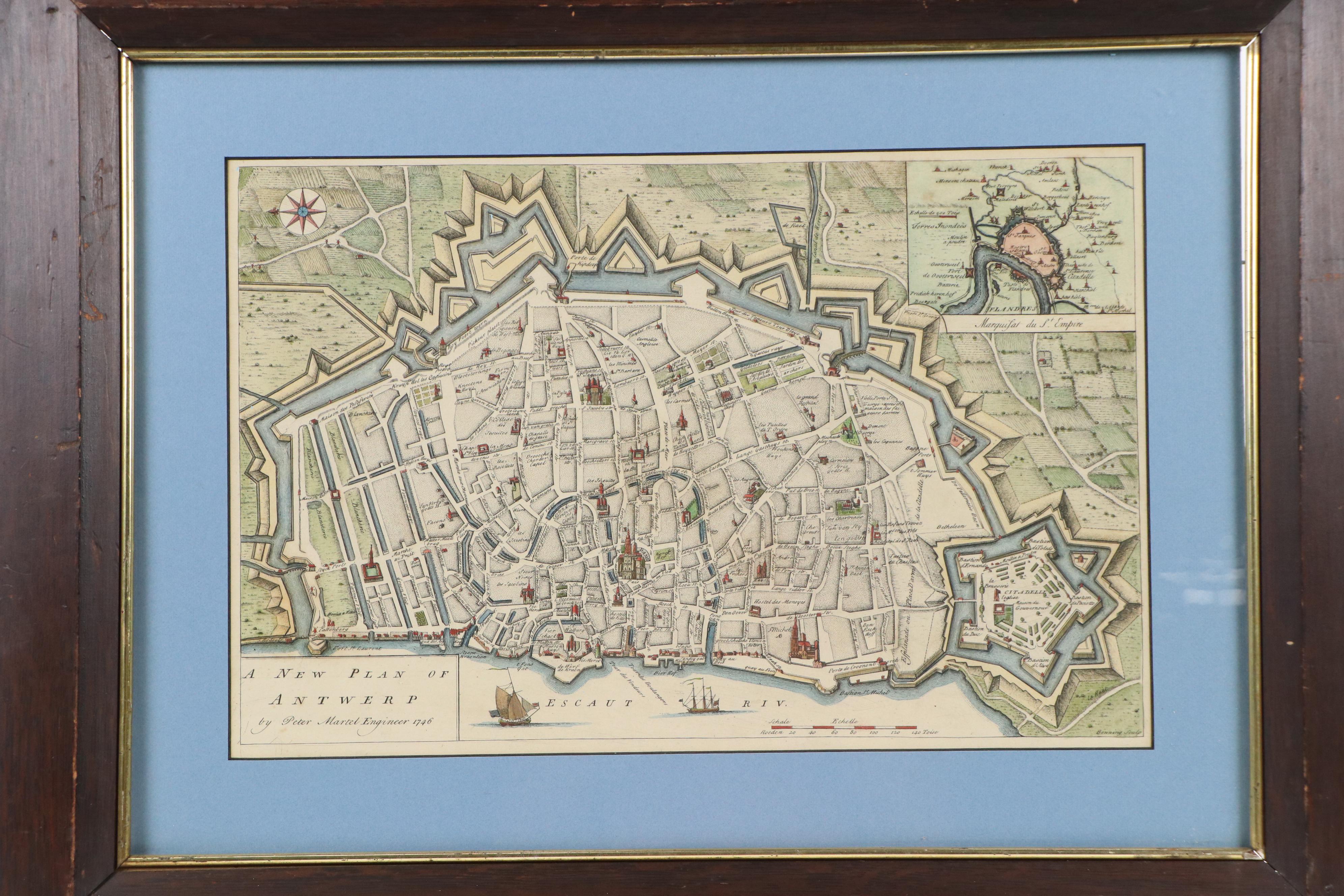 Hand-Colored Engraving After Peter Martel "A New Plan of Antwerp," 1746