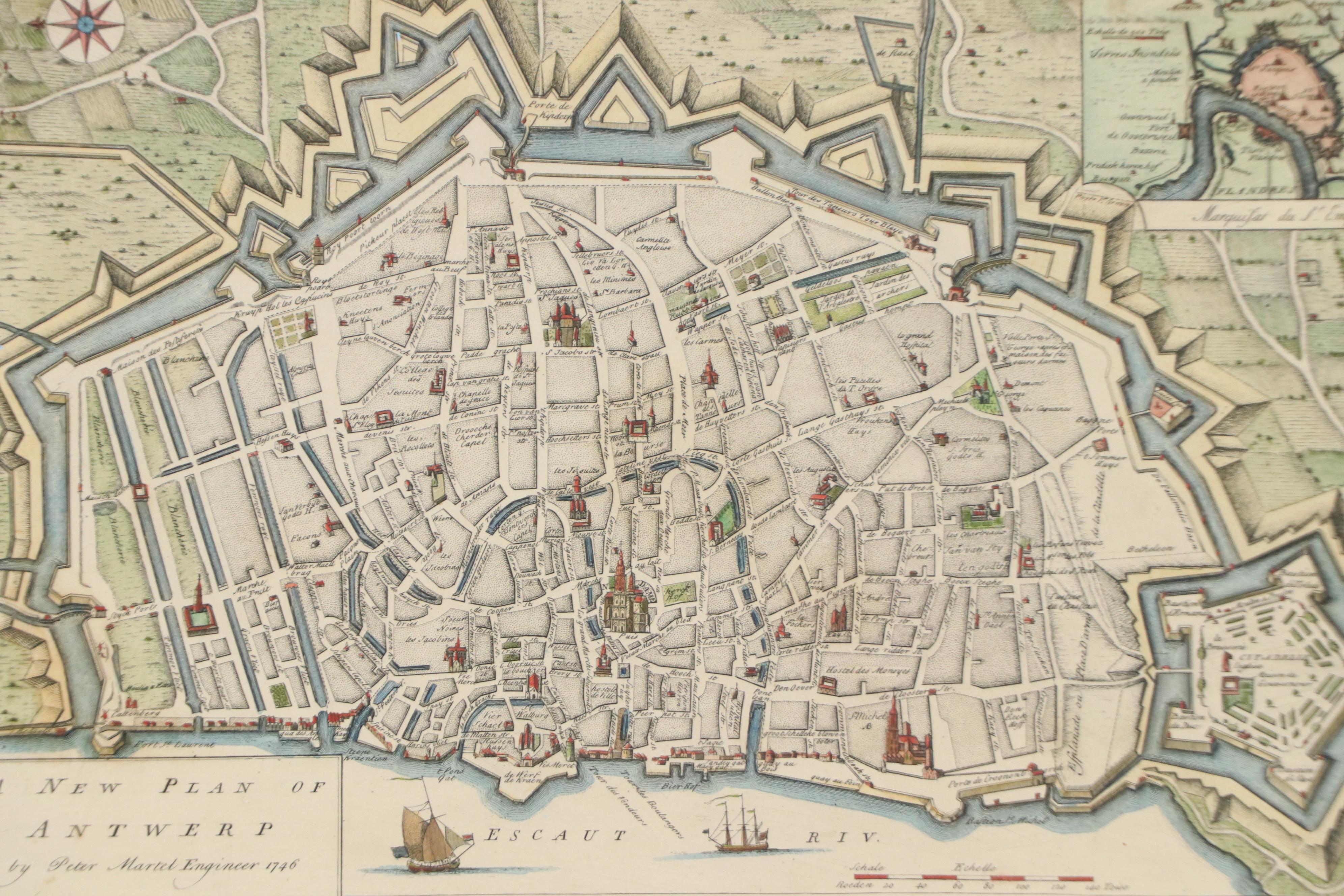 Hand-Colored Engraving After Peter Martel "A New Plan of Antwerp," 1746