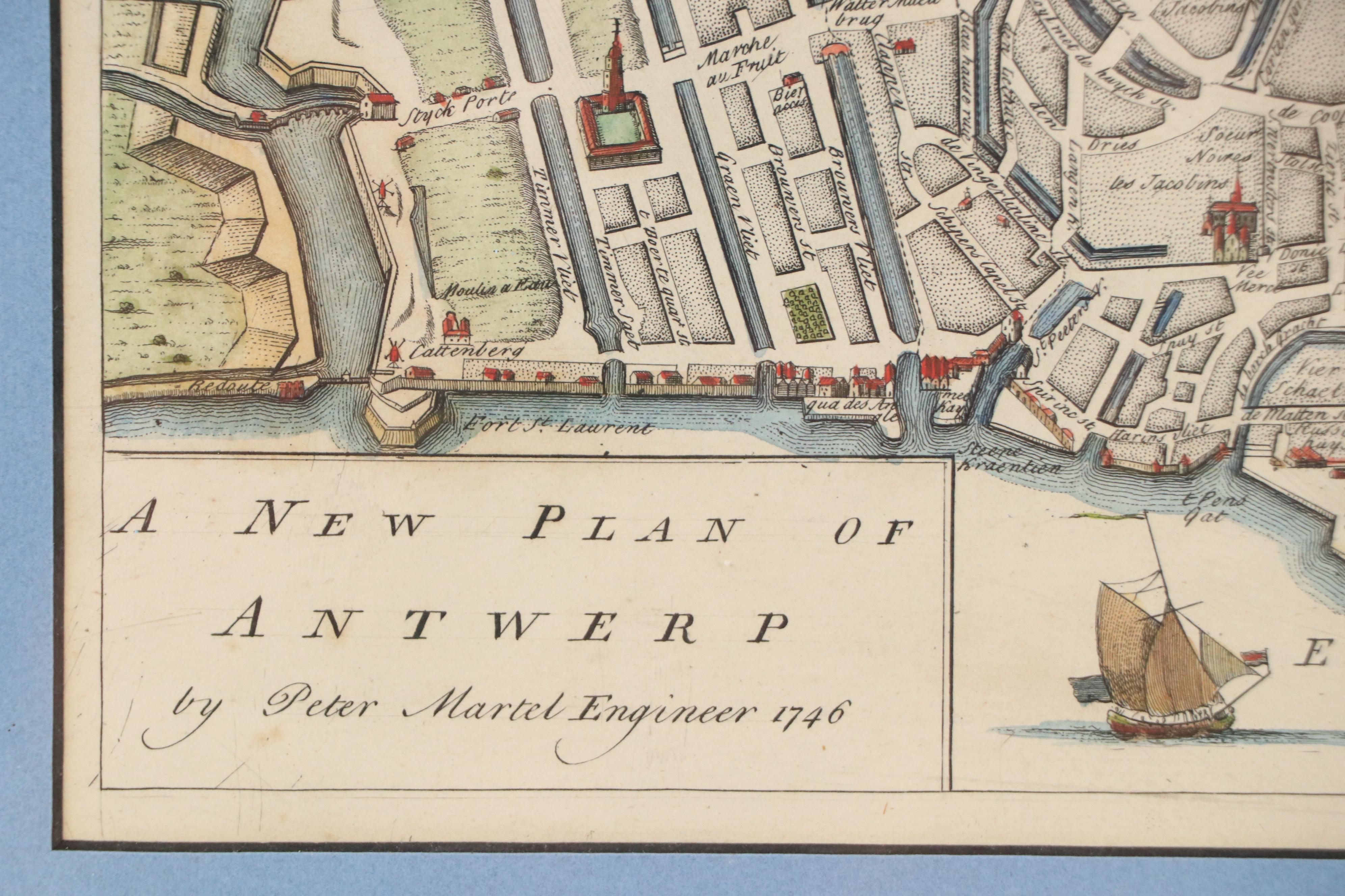 Hand-Colored Engraving After Peter Martel "A New Plan of Antwerp," 1746