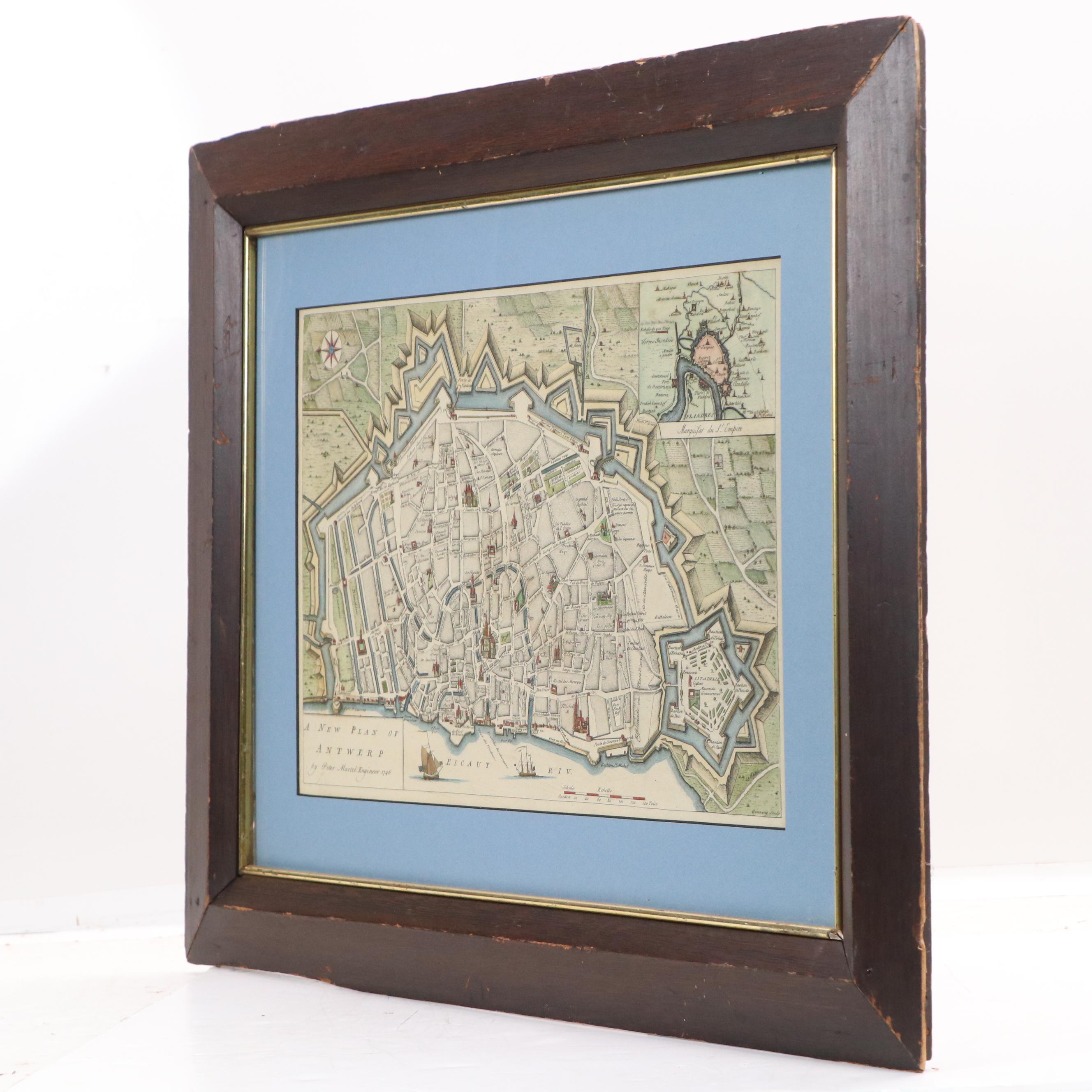 Hand-Colored Engraving After Peter Martel "A New Plan of Antwerp," 1746