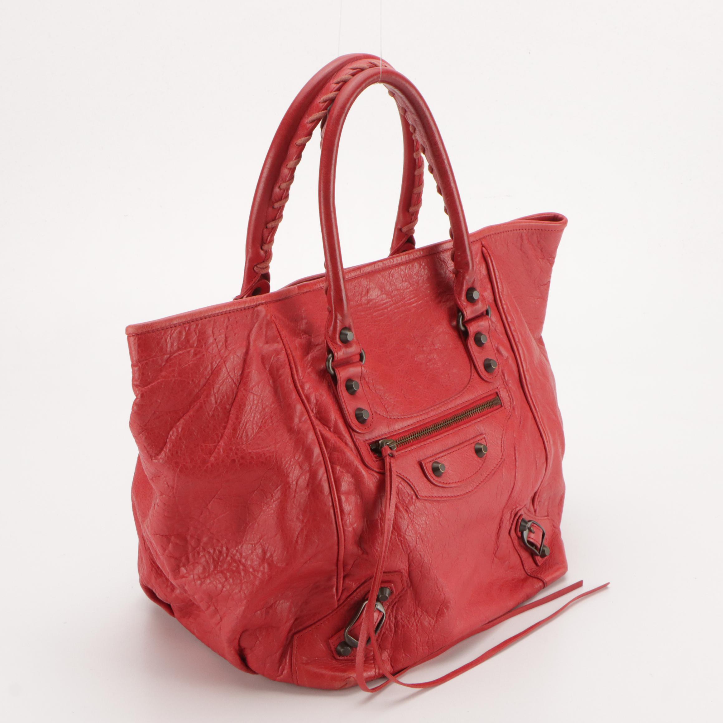 Balenciaga Sunday Classic Studs Tote in Red Distressed Lambskin Leather