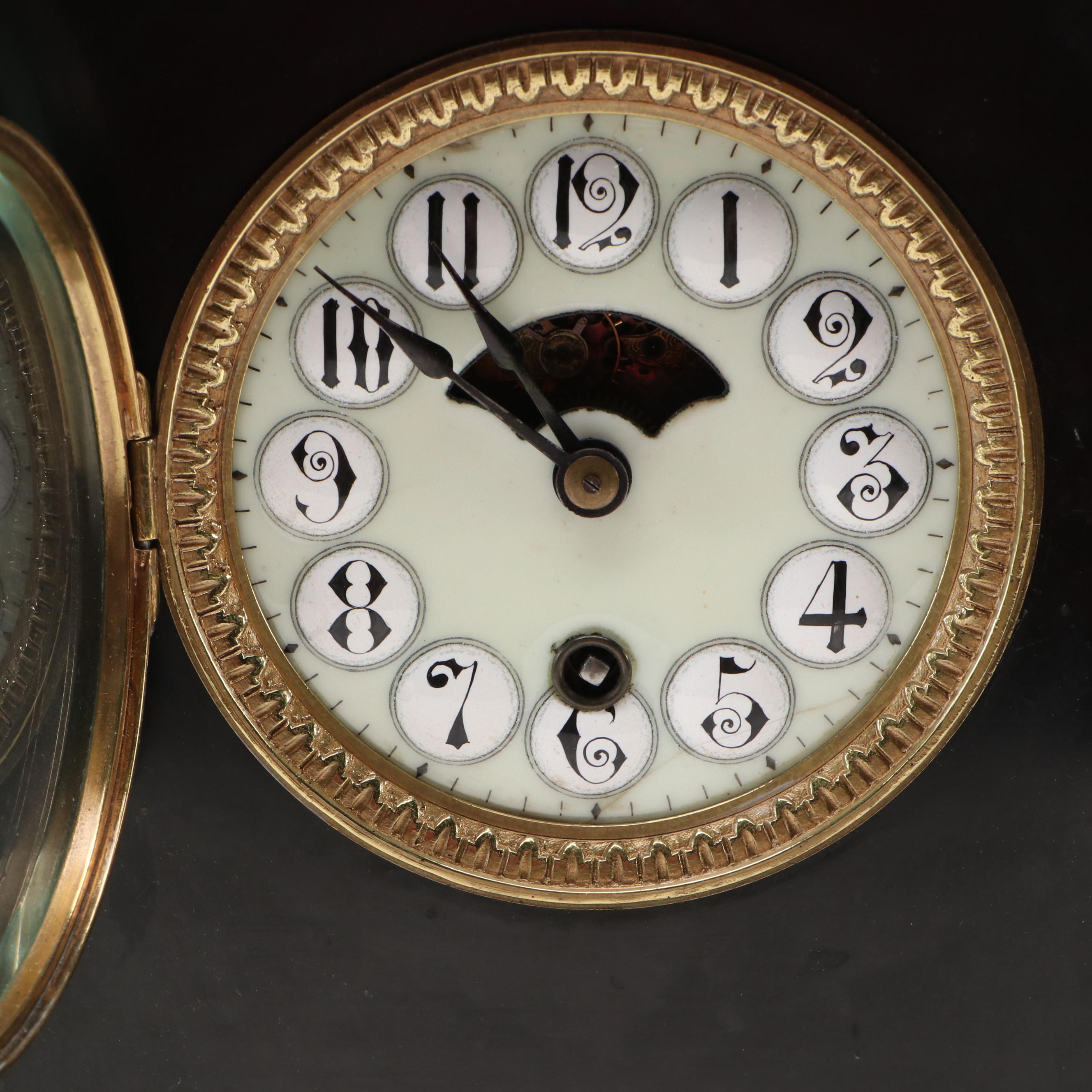 Neoclassical Style Black Marble with Brass Decals Mantel Clock