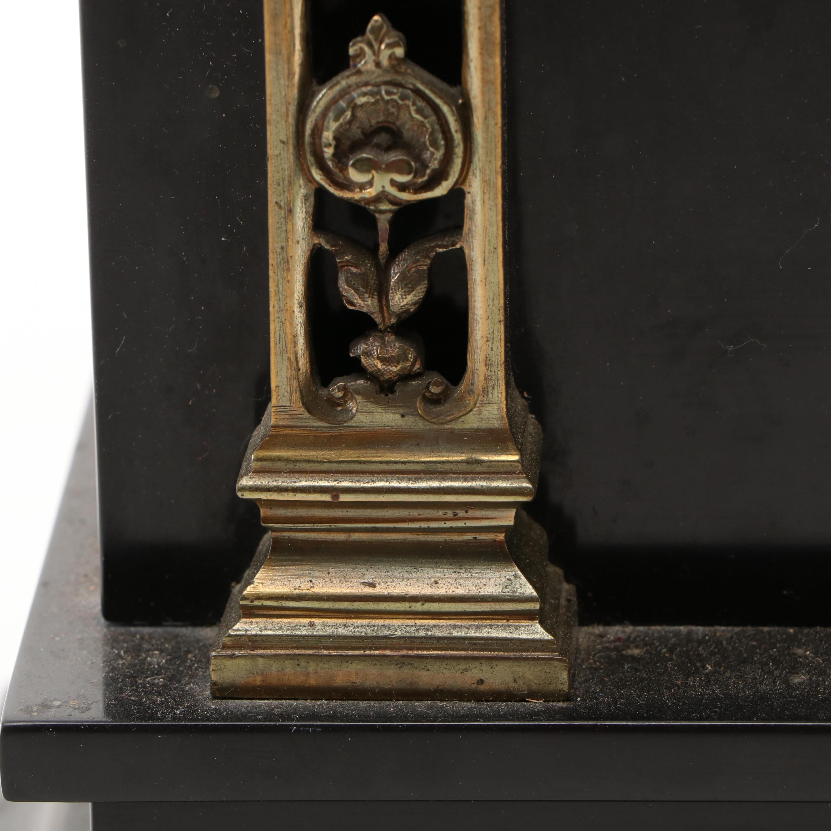 Neoclassical Style Black Marble with Brass Decals Mantel Clock