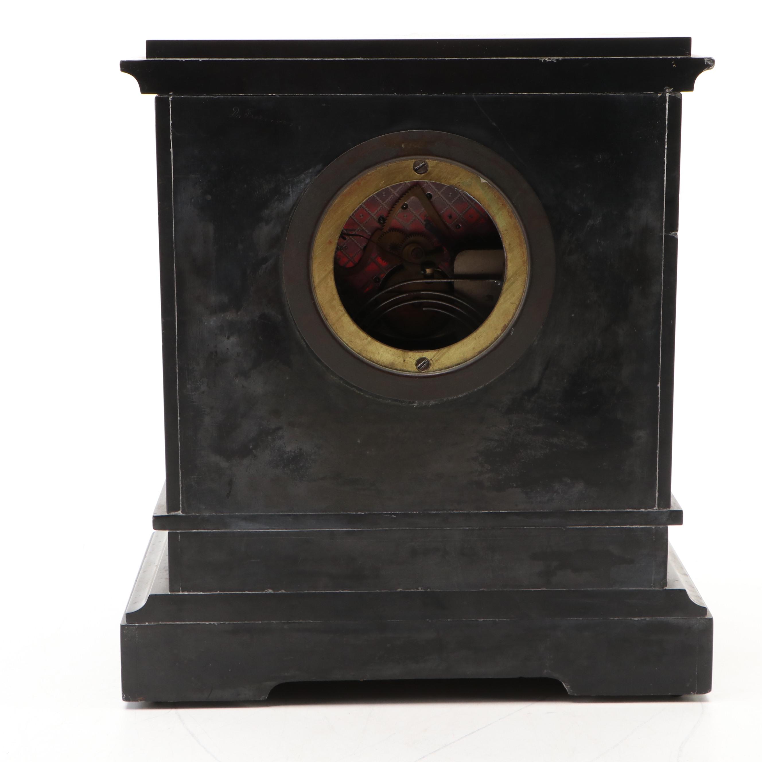 Neoclassical Style Black Marble with Brass Decals Mantel Clock