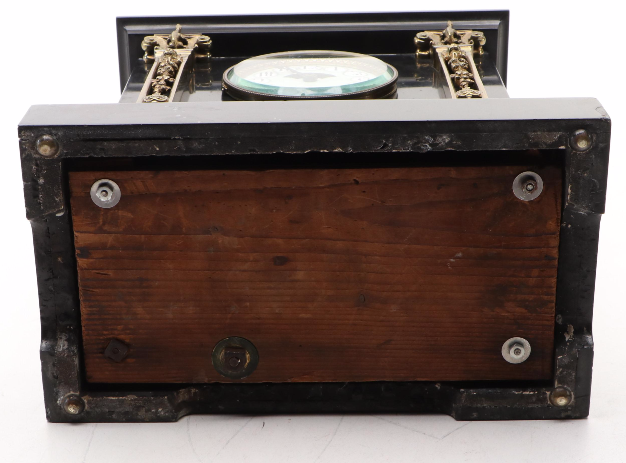 Neoclassical Style Black Marble with Brass Decals Mantel Clock