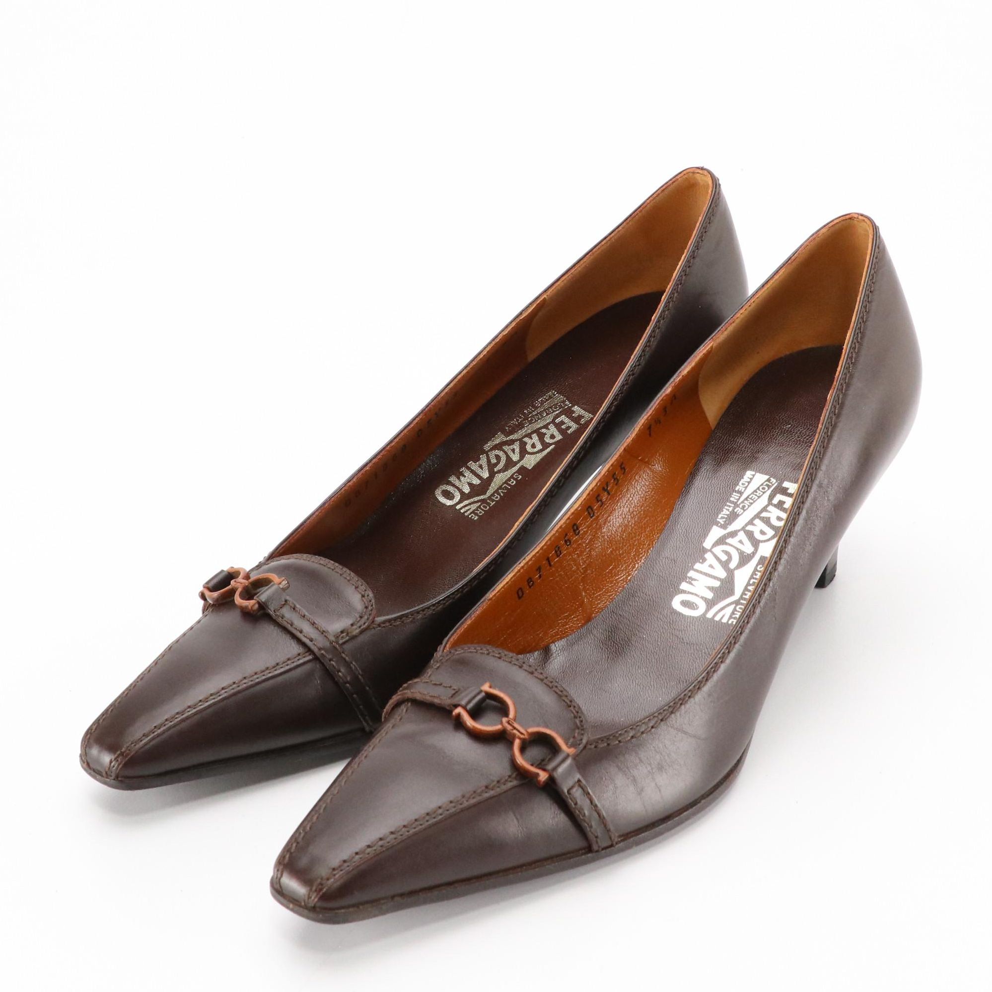 Salvatore Ferragamo Dark Chocolate Brown Leather Pointed-Toe Pumps, With Box