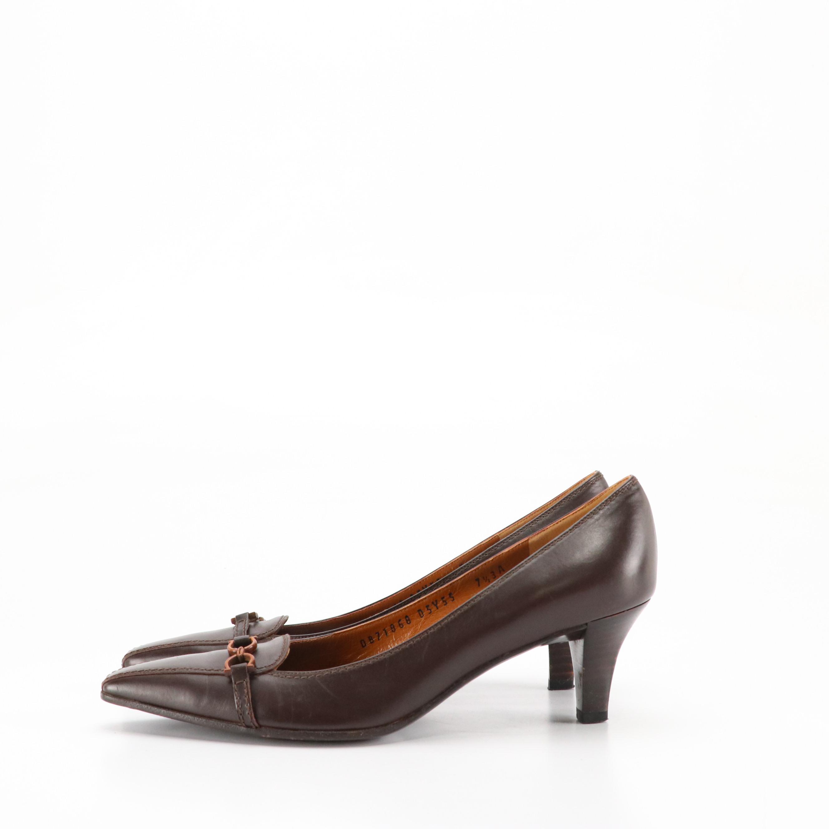 Salvatore Ferragamo Dark Chocolate Brown Leather Pointed-Toe Pumps, With Box