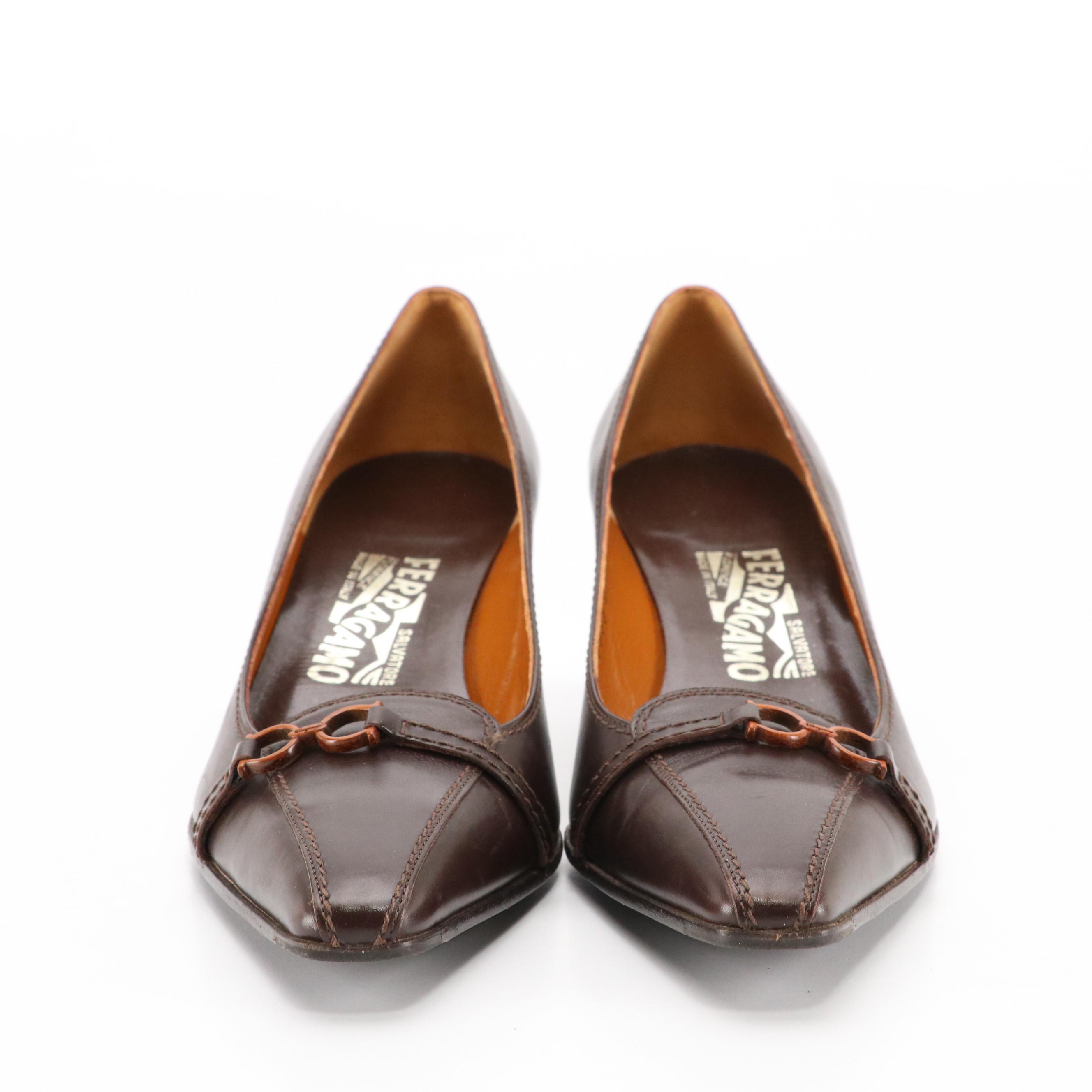 Salvatore Ferragamo Dark Chocolate Brown Leather Pointed-Toe Pumps, With Box
