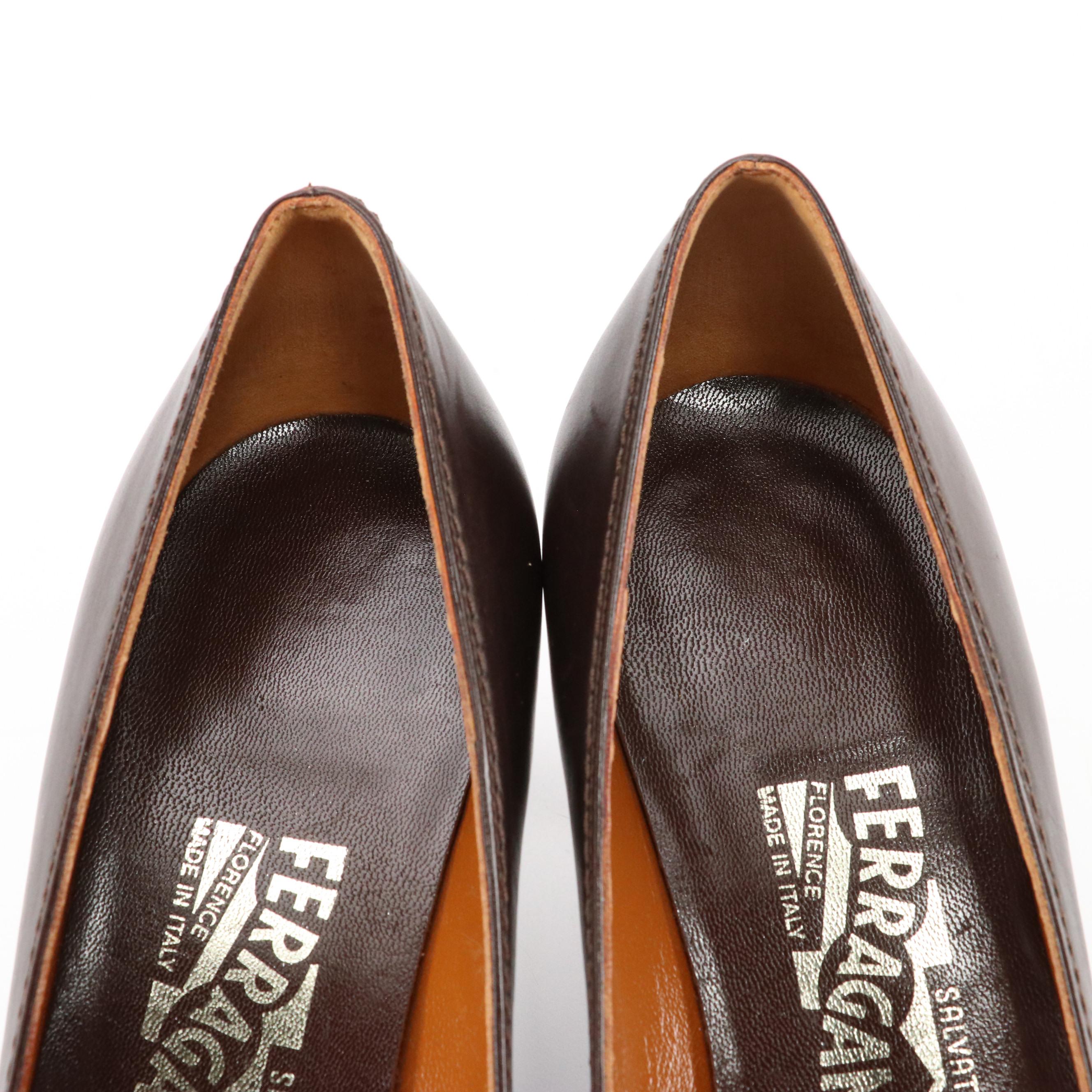 Salvatore Ferragamo Dark Chocolate Brown Leather Pointed-Toe Pumps, With Box