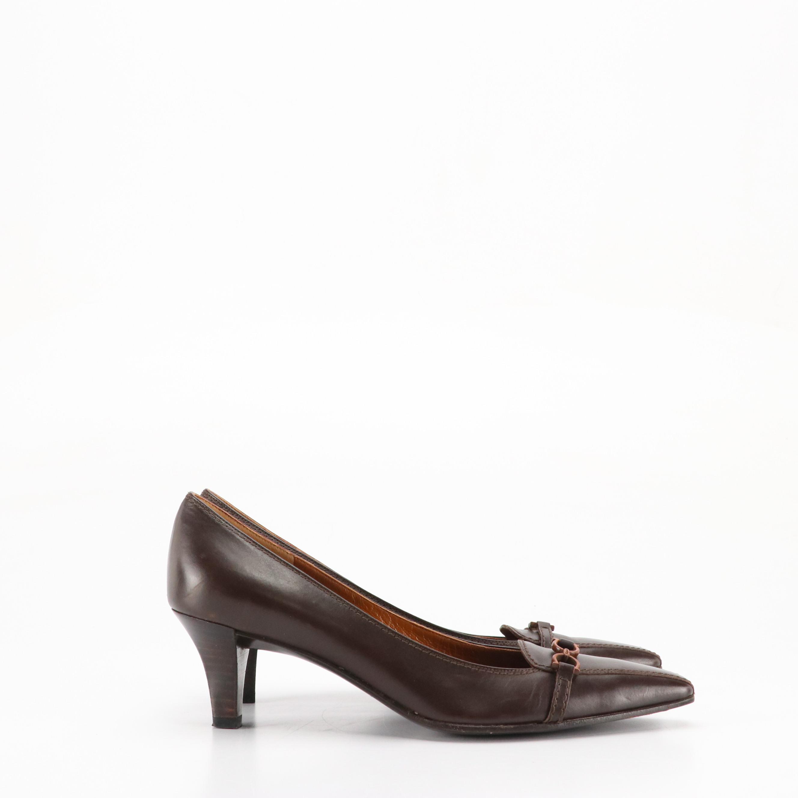 Salvatore Ferragamo Dark Chocolate Brown Leather Pointed-Toe Pumps, With Box