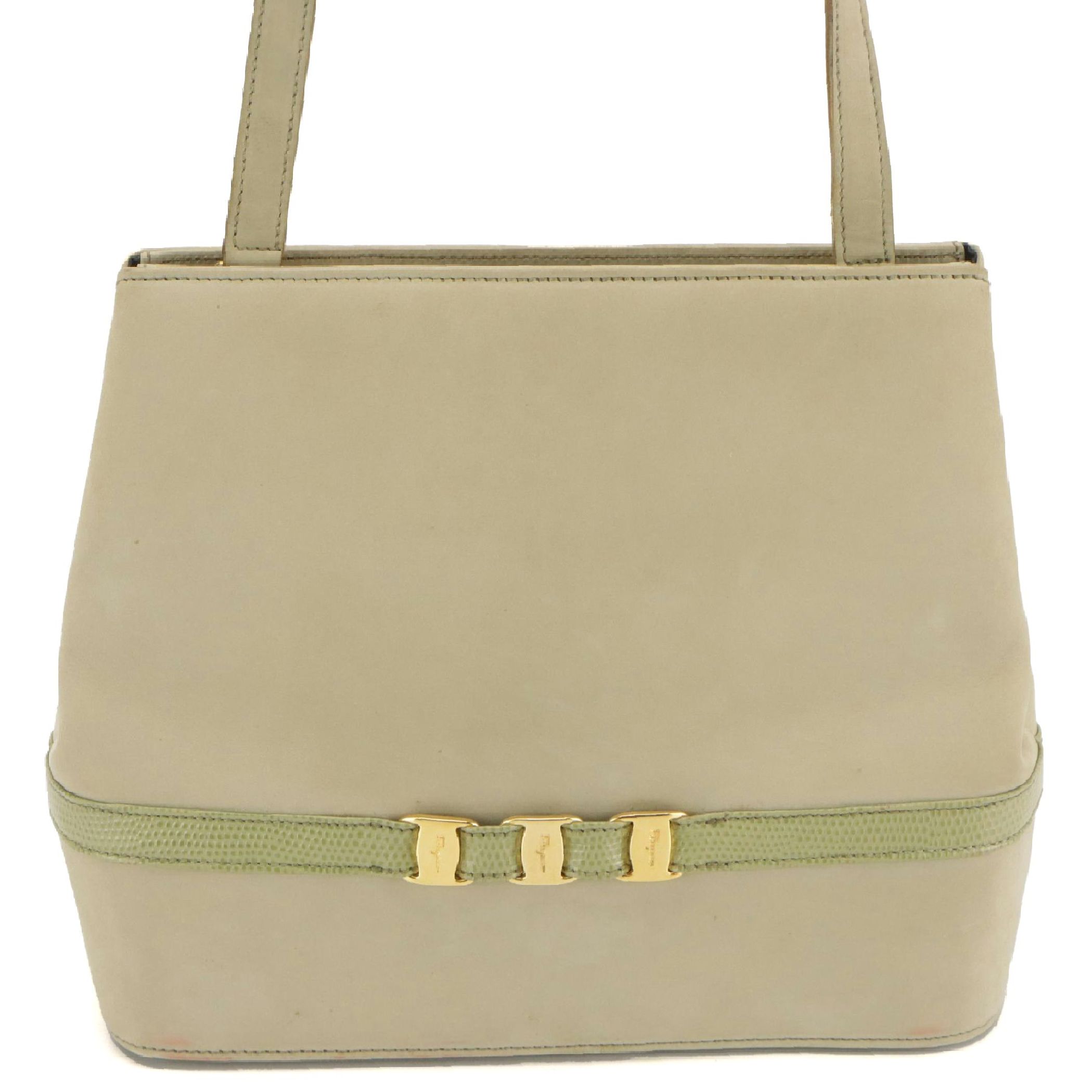 Salvatore Ferragamo Suede and Lizard Embossed Leather Vara Shoulder Bag with Box