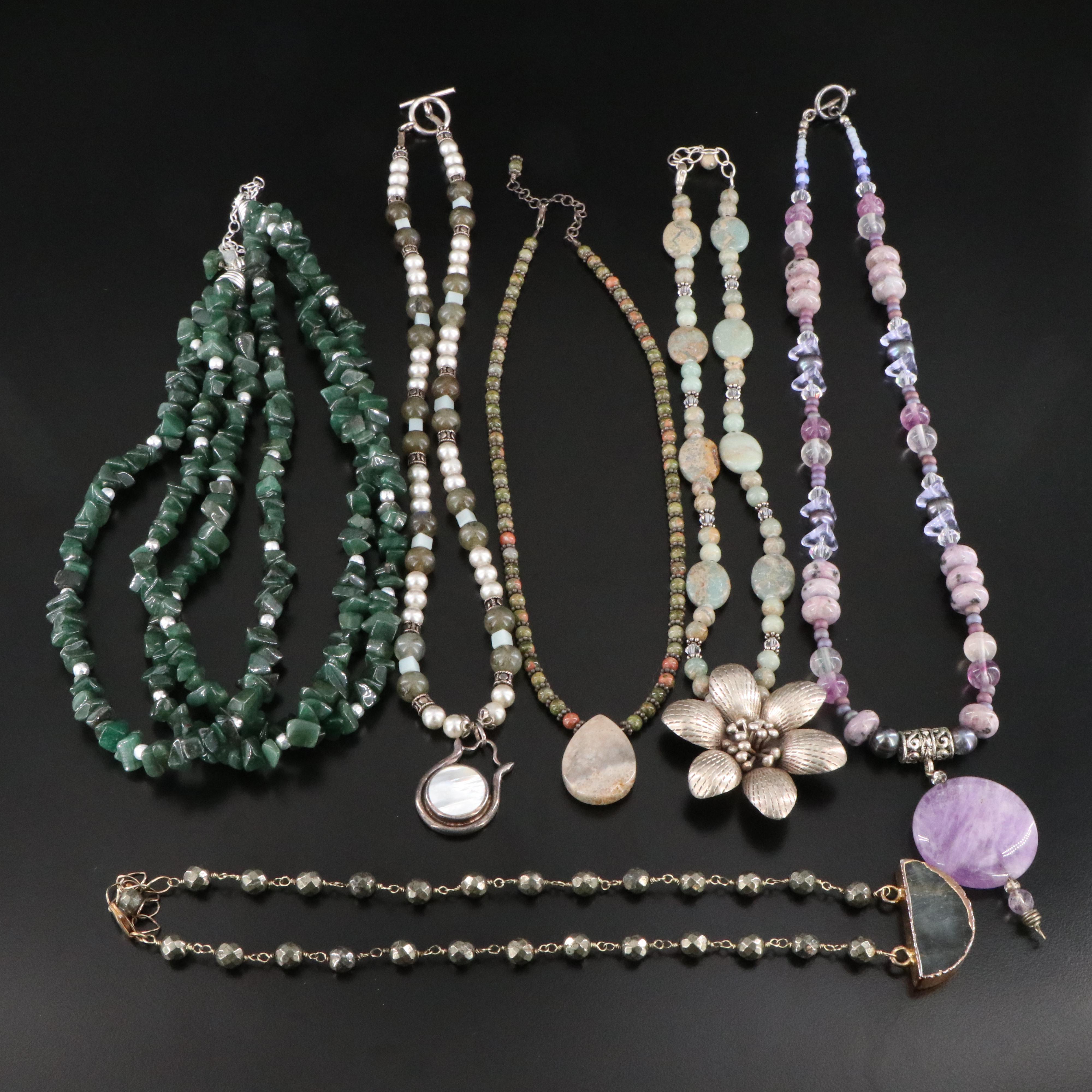 Sterling Necklaces Including Aventurine, Amethyst and Mother-of-Pearl