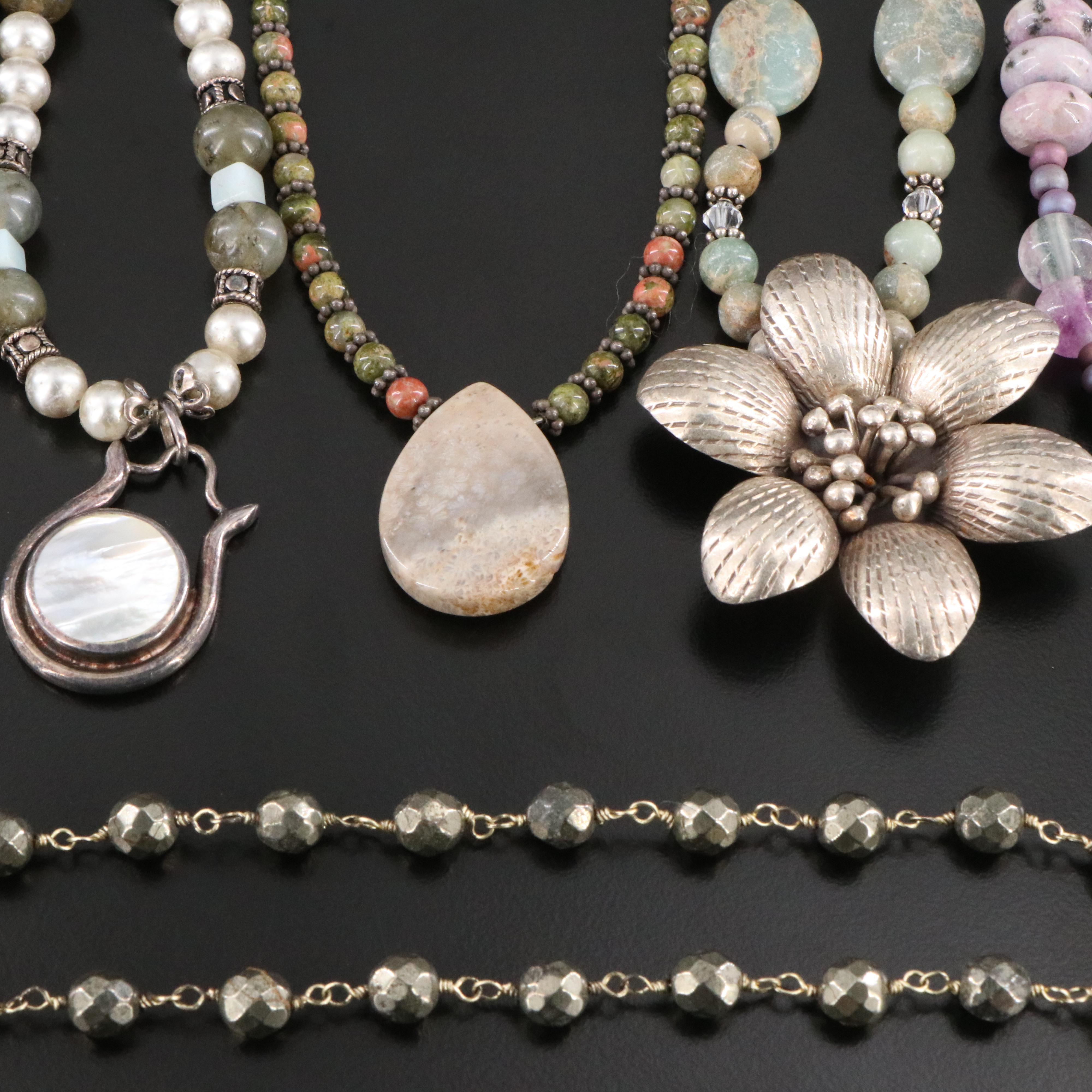 Sterling Necklaces Including Aventurine, Amethyst and Mother-of-Pearl