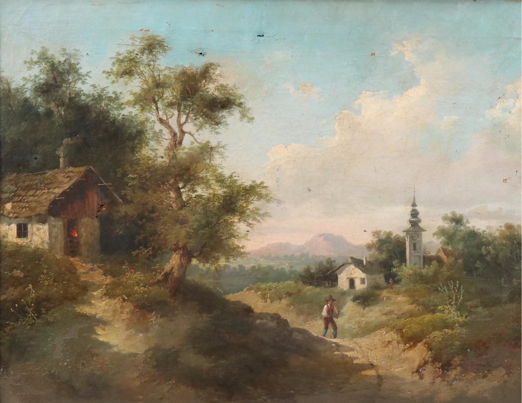 Romanticist Style Oil Painting of Figure in European Countryside Landscape