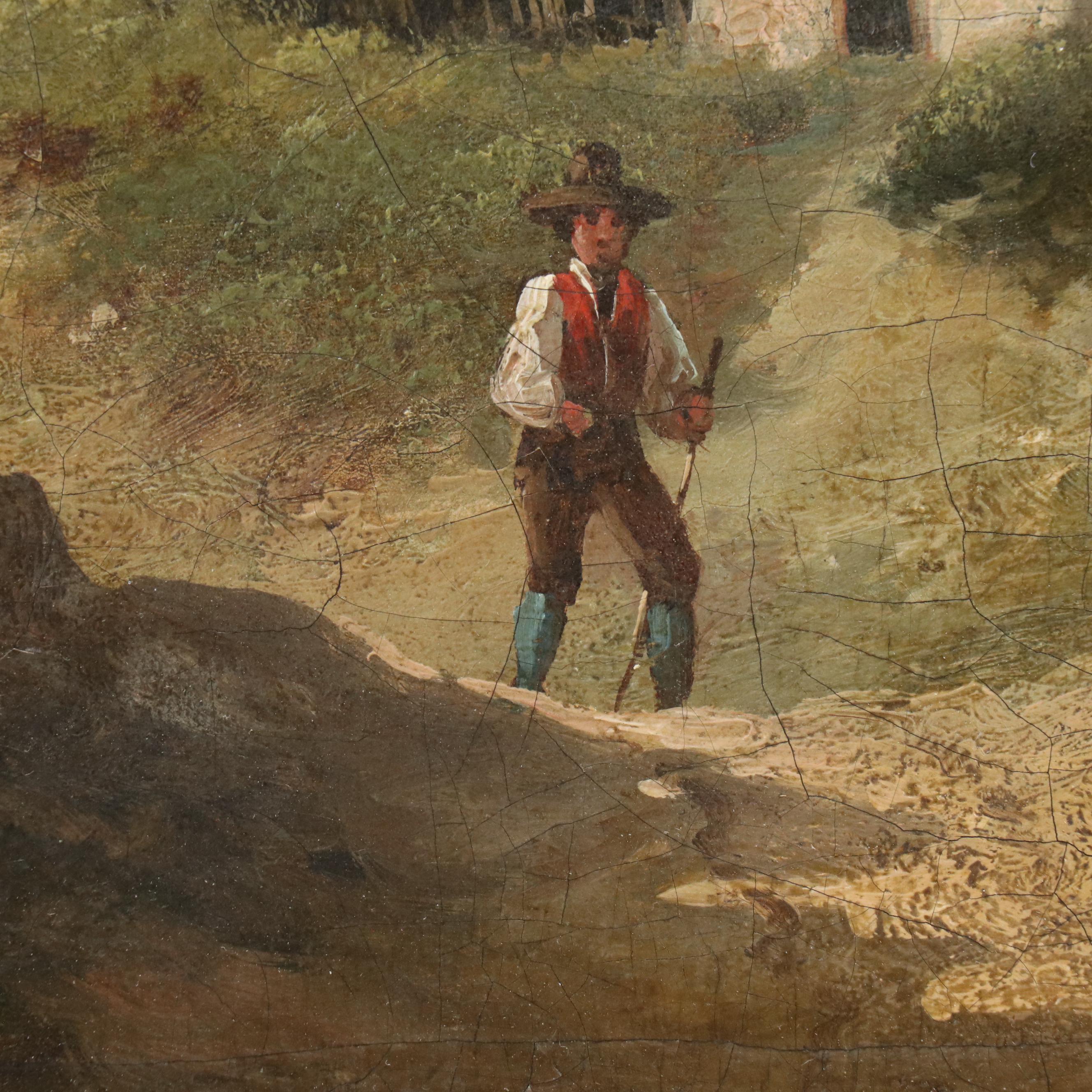 Romanticist Style Oil Painting of Figure in European Countryside Landscape