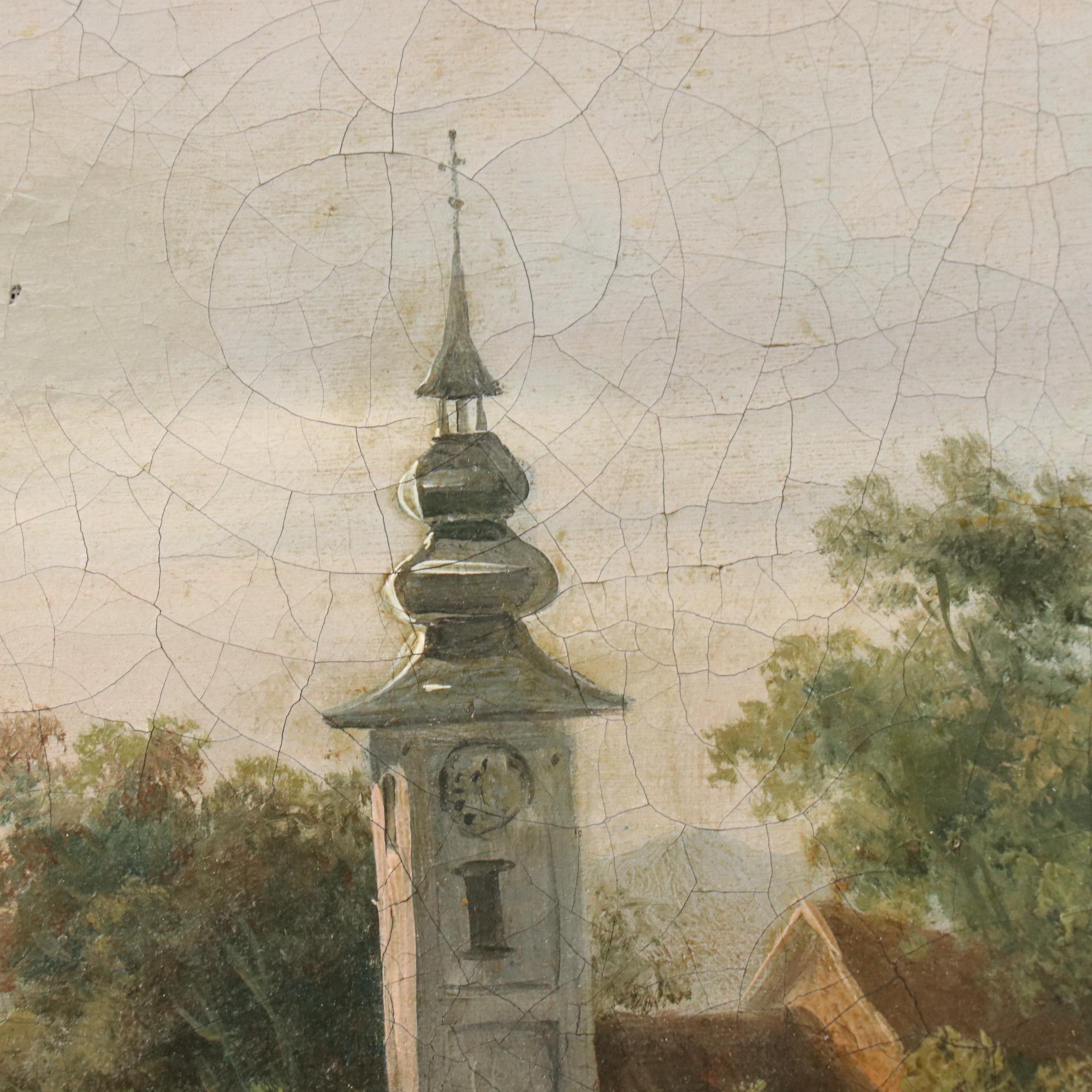 Romanticist Style Oil Painting of Figure in European Countryside Landscape