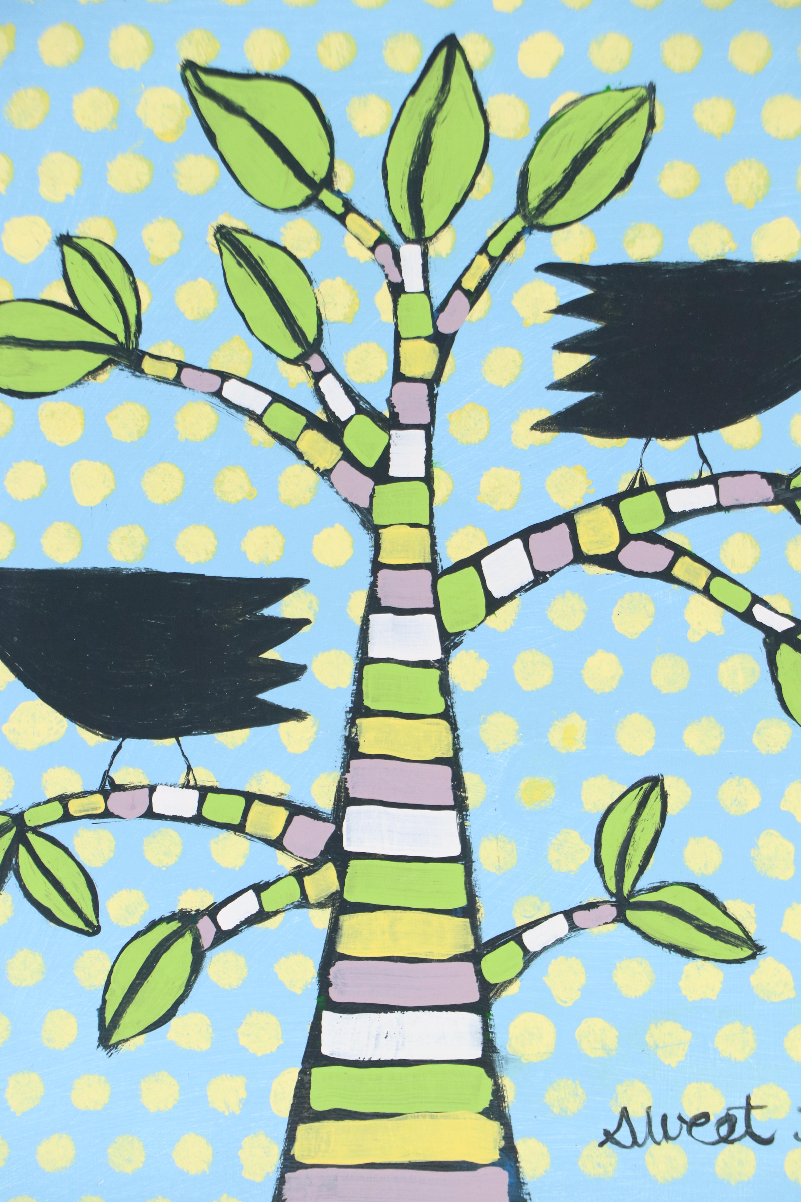 Sweet Tea Folk Acrylic Painting of Tree with Crows, 21st Century