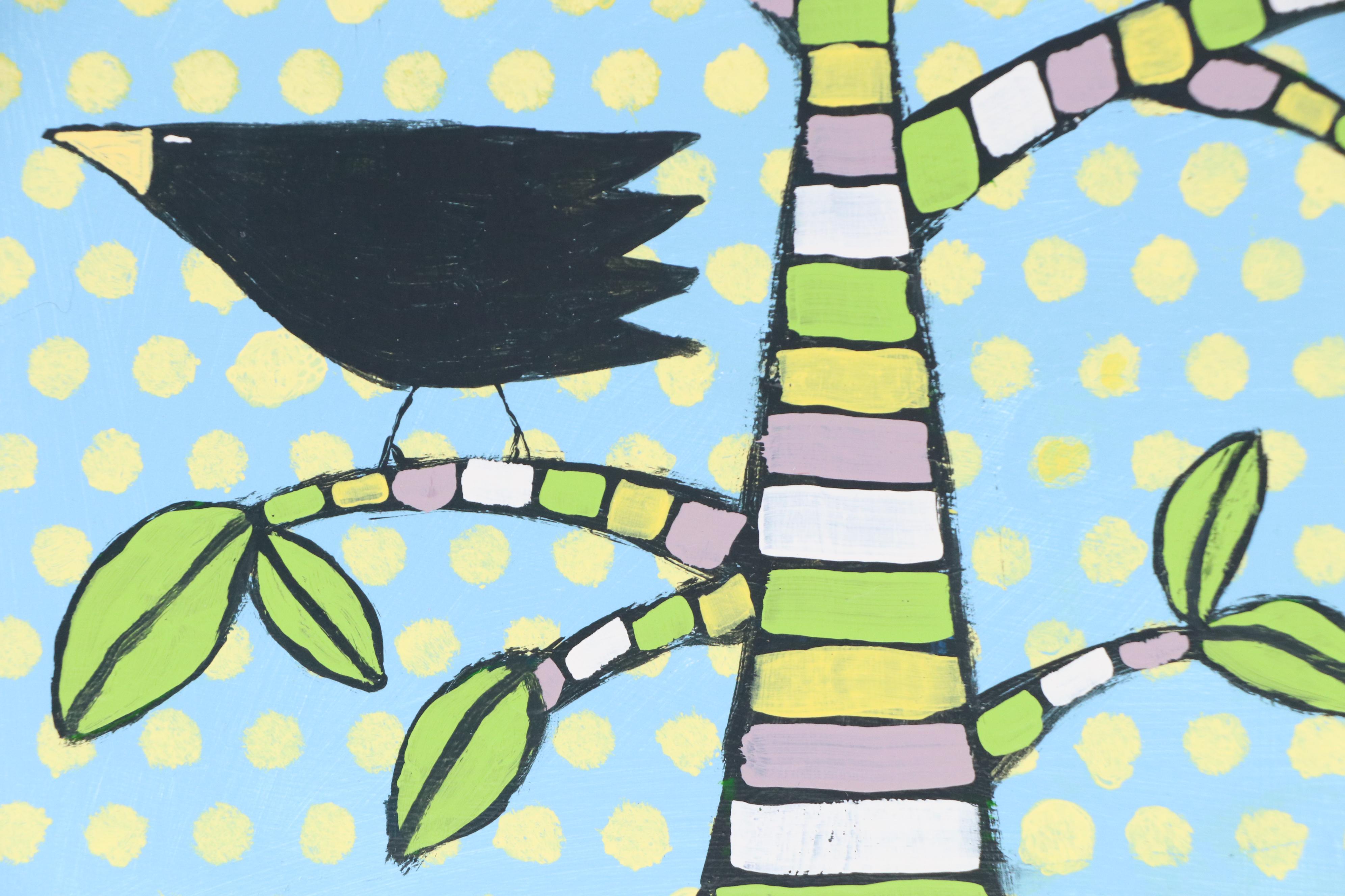 Sweet Tea Folk Acrylic Painting of Tree with Crows, 21st Century