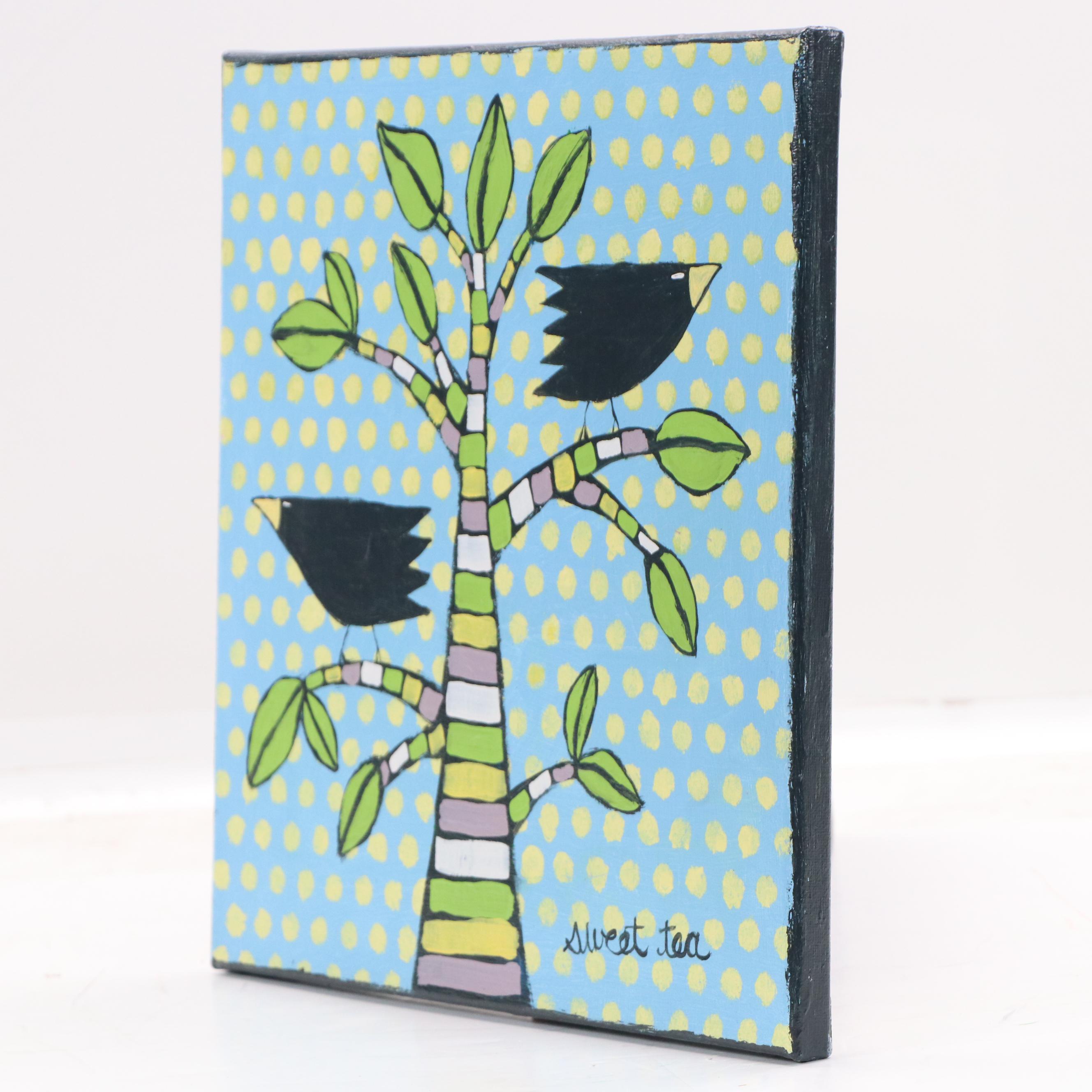 Sweet Tea Folk Acrylic Painting of Tree with Crows, 21st Century