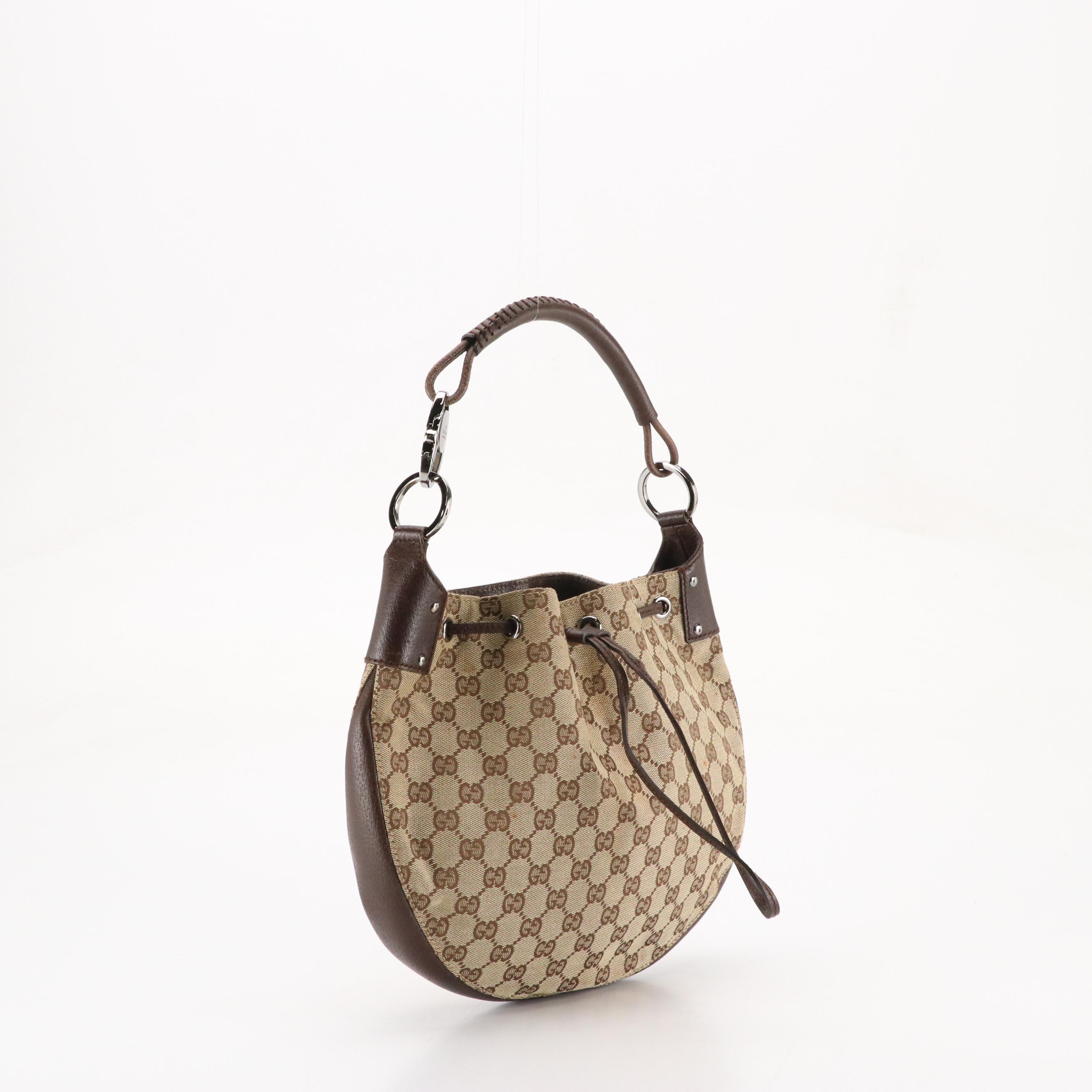Gucci Drawstring Hobo Bag in GG Canvas and Leather with Whipstitched Handle